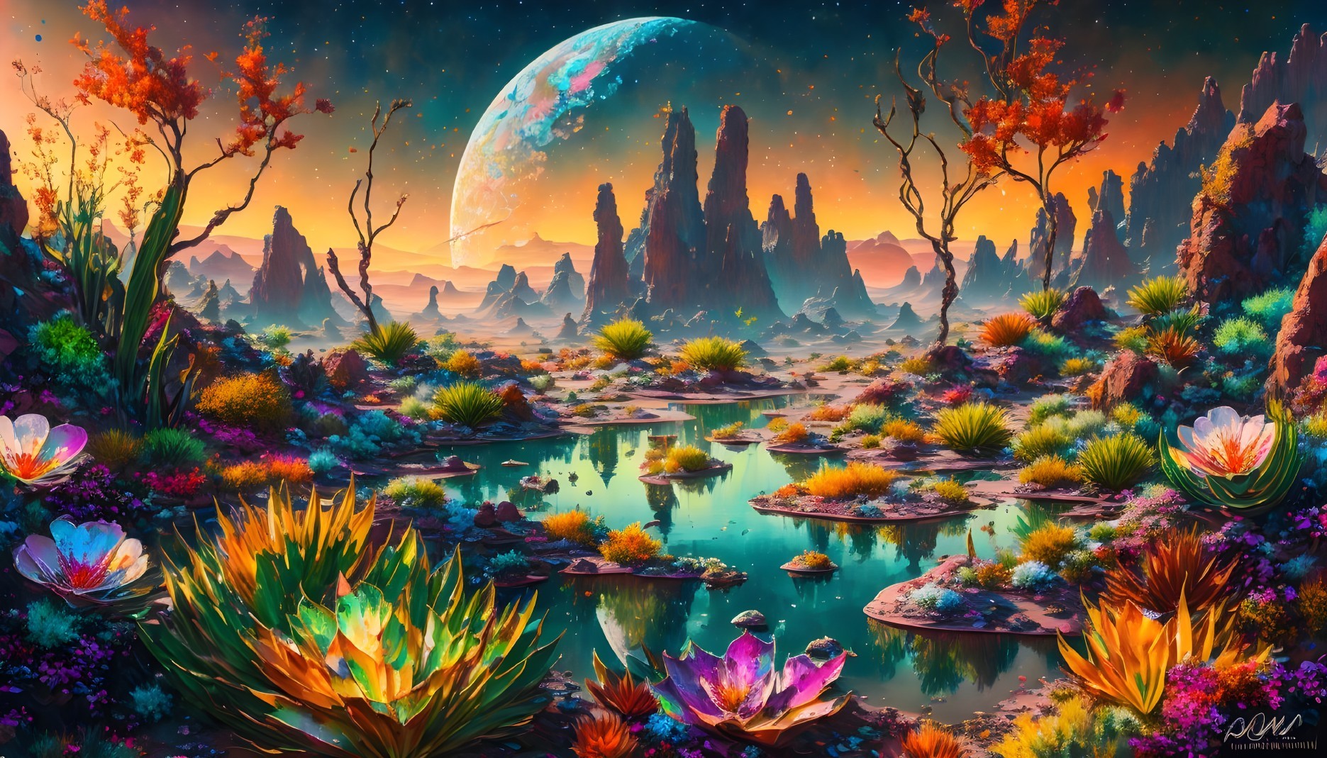 Vibrant Alien Landscape with Colorful Flora and Sky