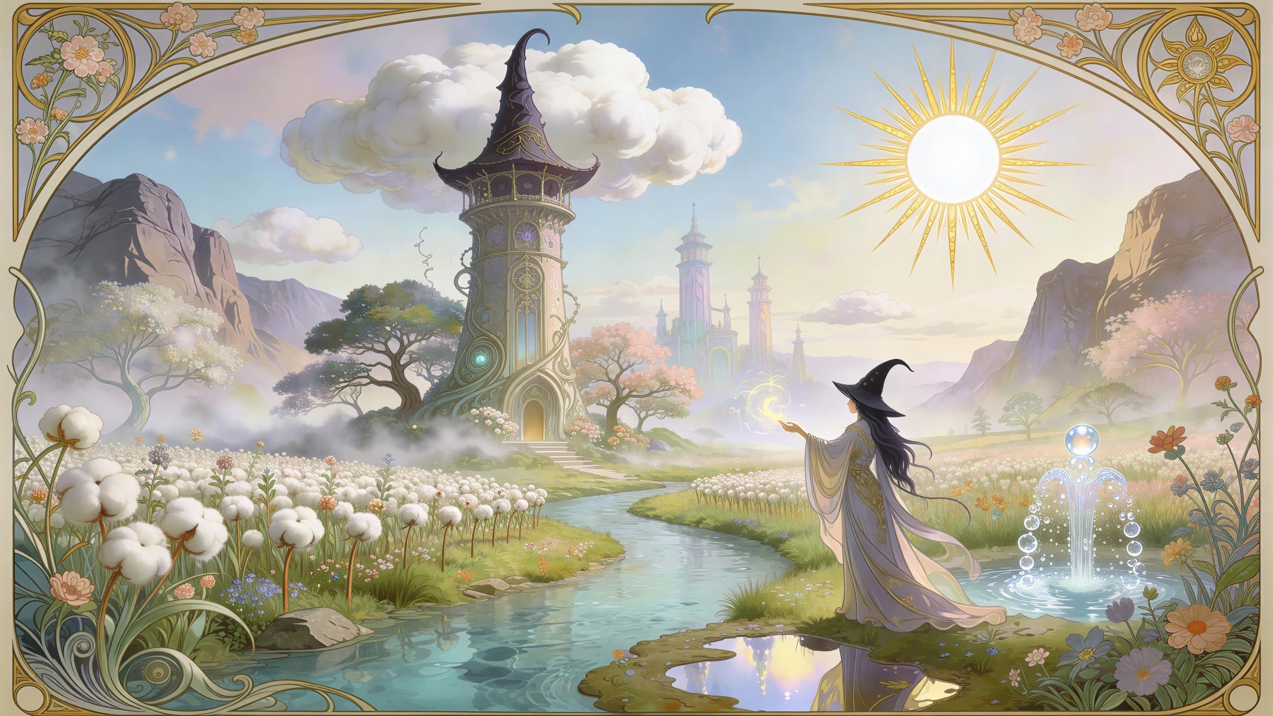 Ethereal Fantasy Landscape with Wizard Tower and Castle