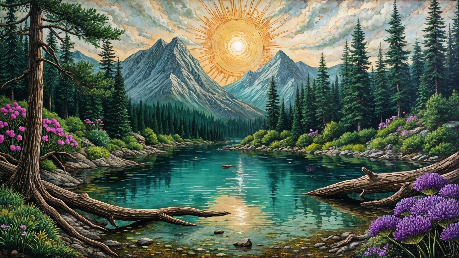 Tranquil Lake Surrounded by Lush Greenery and Mountains