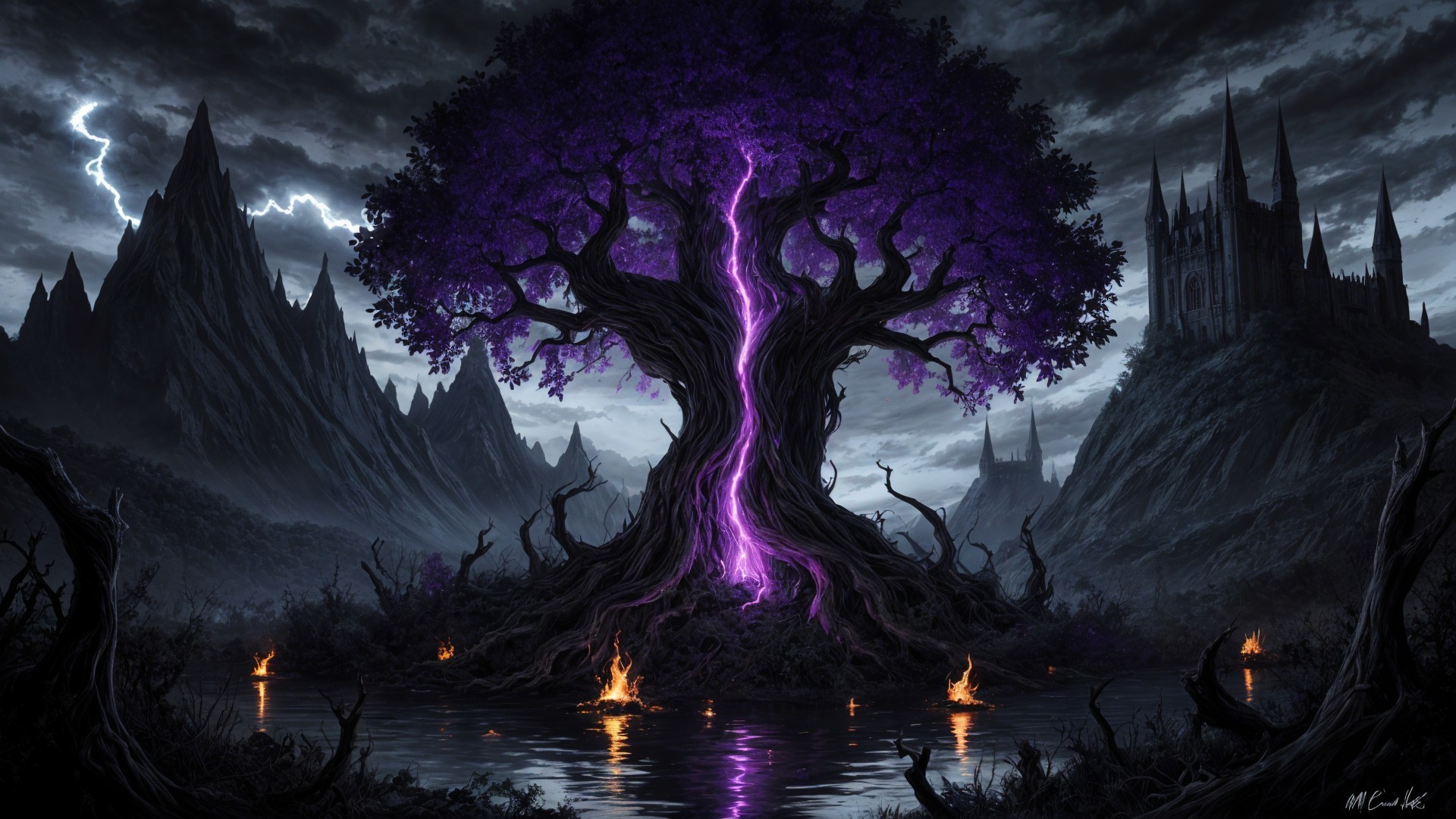 Majestic Twisted Tree with Purple Glow and Mountains