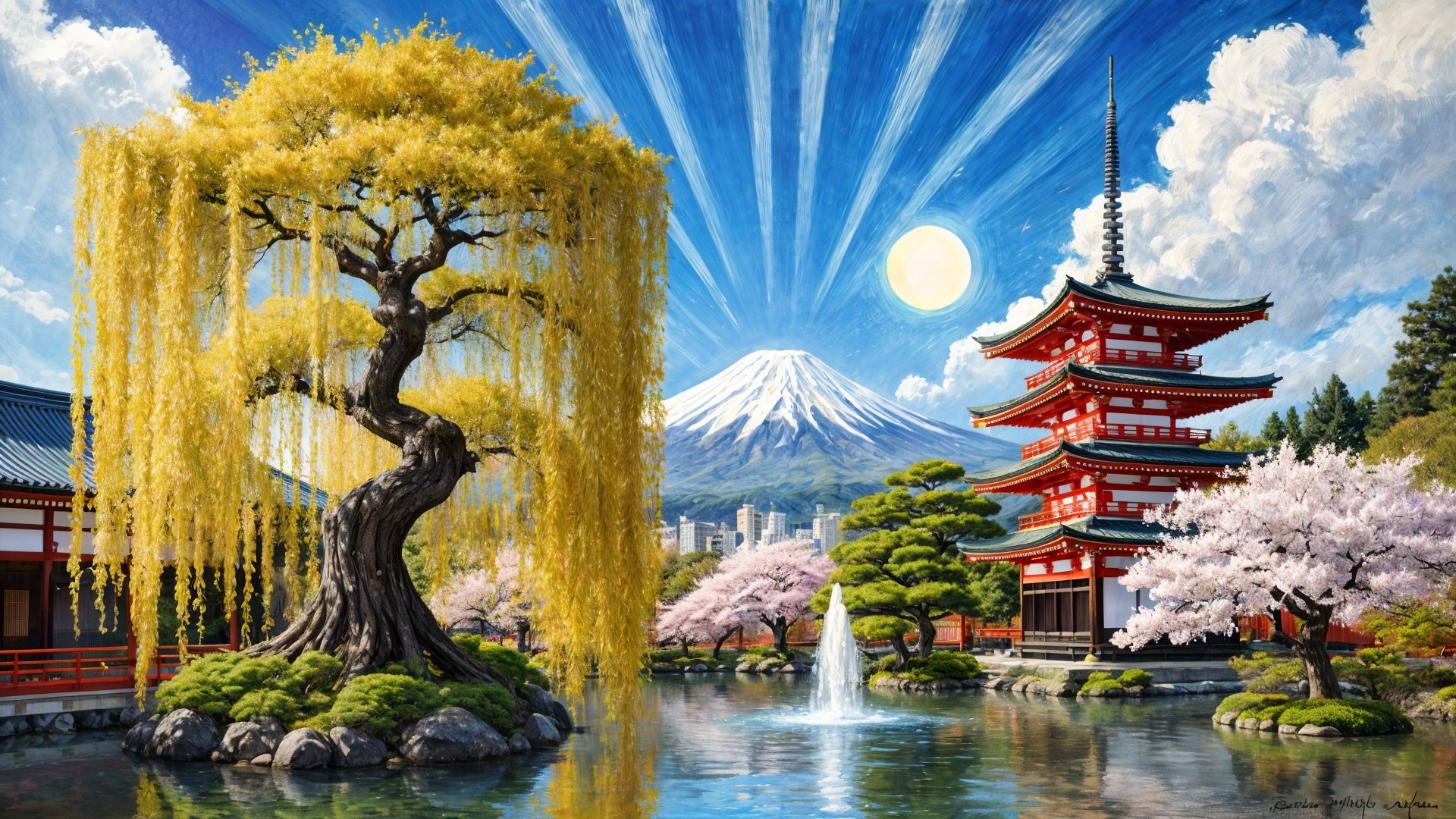 Serene Japanese Landscape with Willow and Pagoda