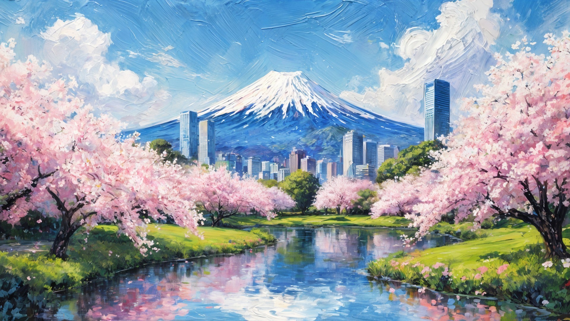 Cascading Cherry Blossoms by a Tranquil River