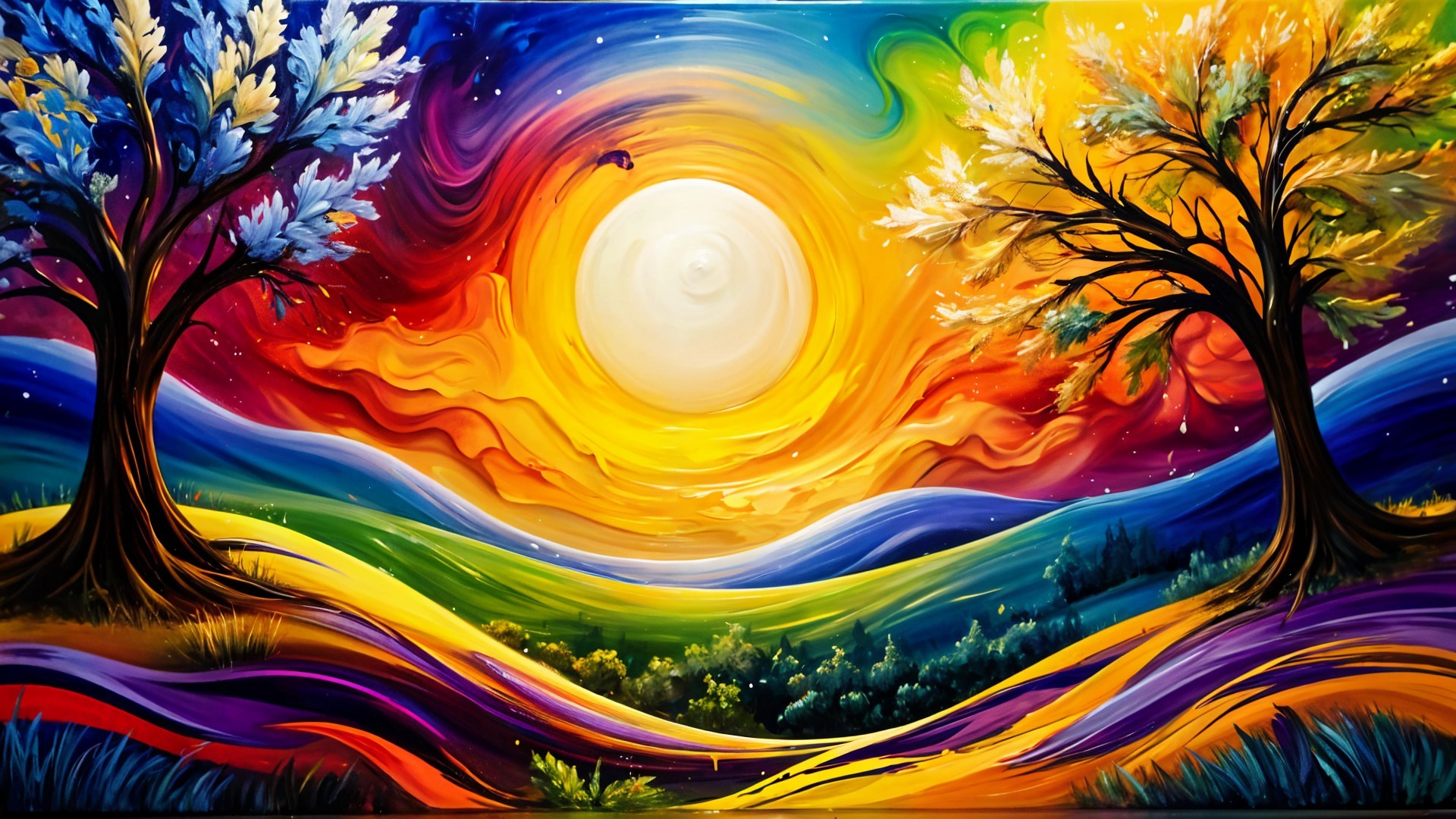Vibrant Landscape with Colorful Trees and Sun