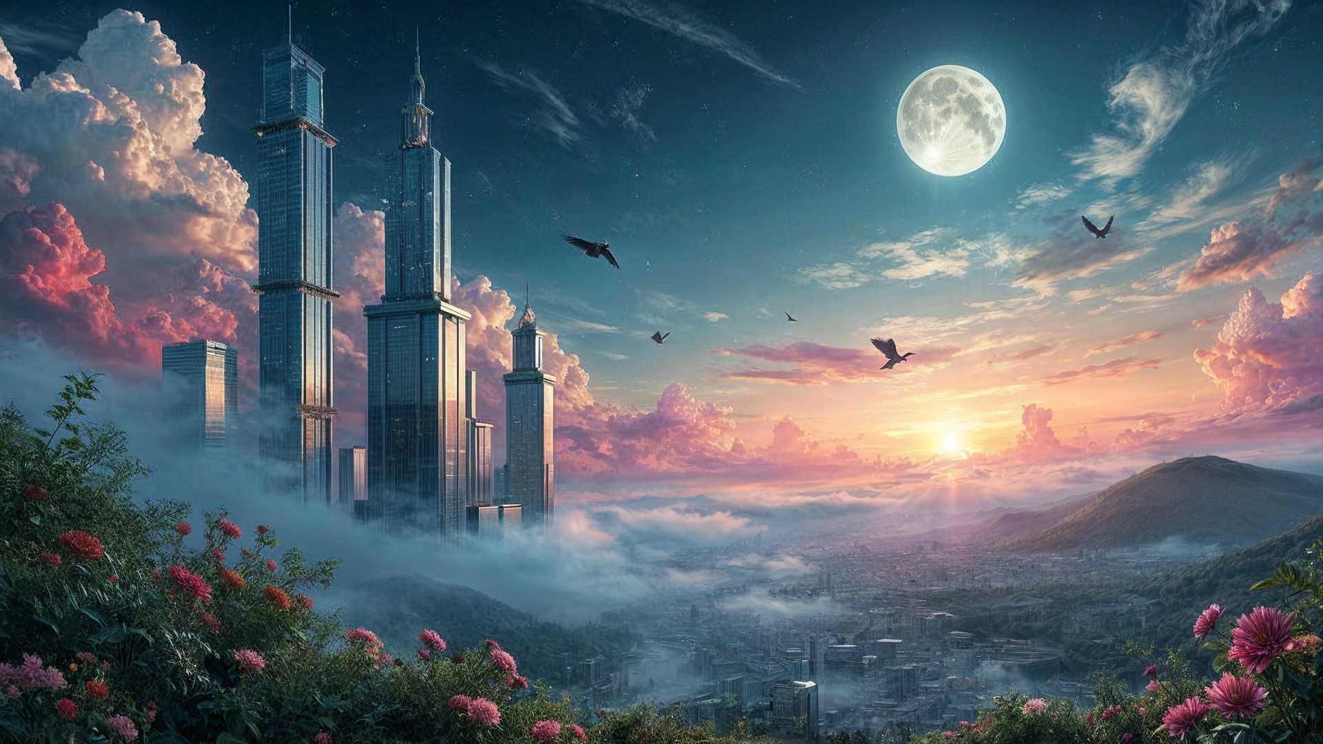 Futuristic skyline with vibrant twilight colors and fog
