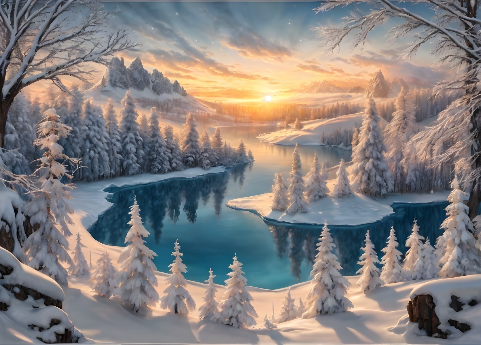 Serene Winter Landscape with Lake and Snowy Mountains
