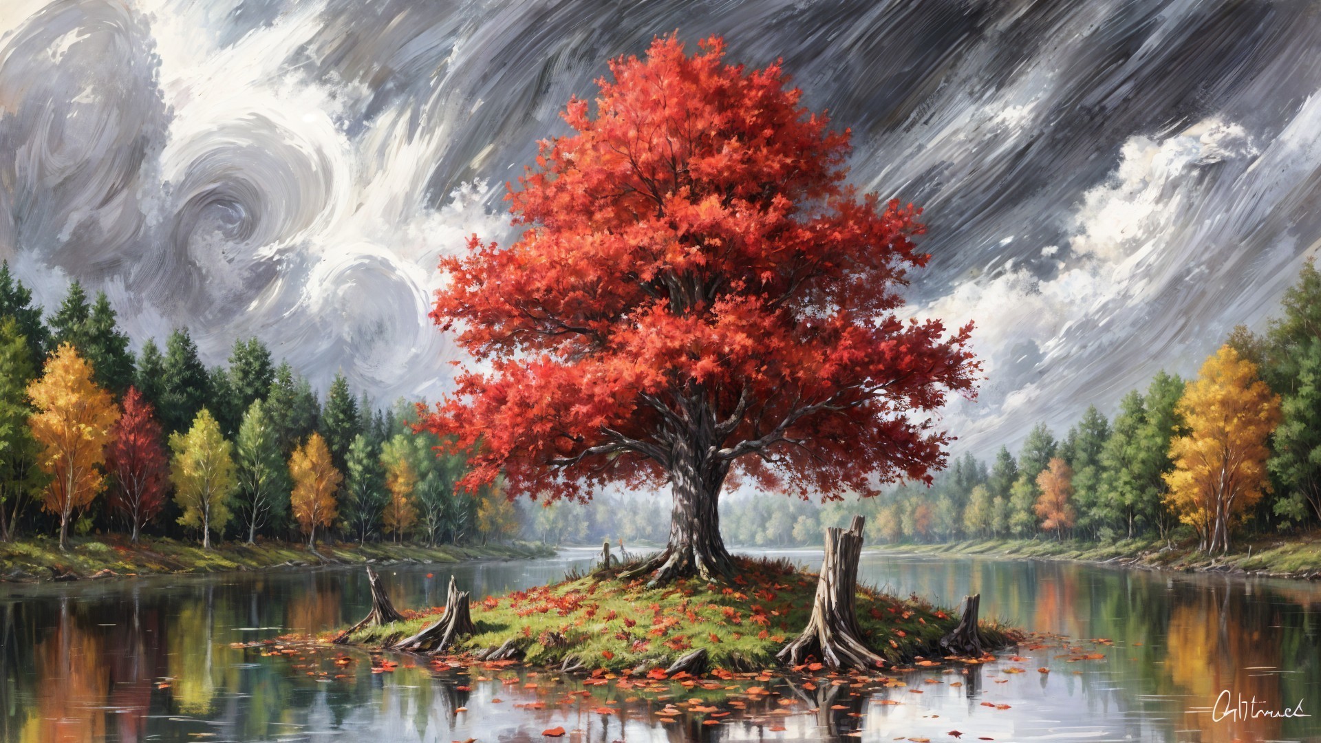 Vibrant Red Tree on Island with Calm Lake Reflection