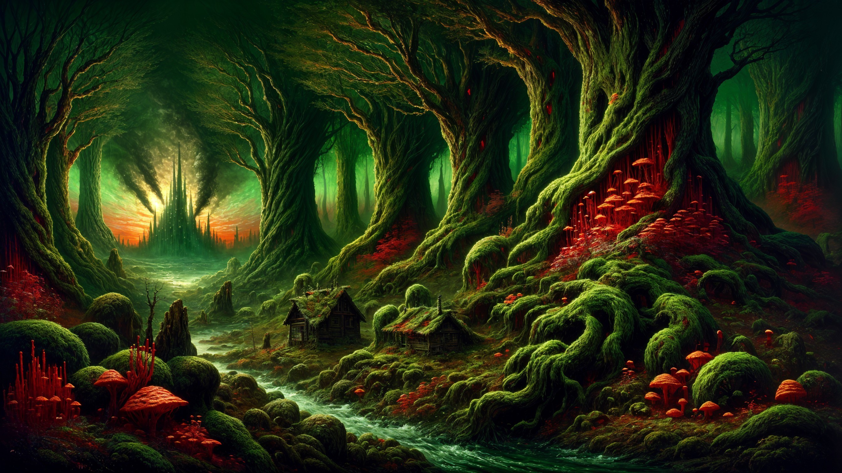 Mystical Forest with Enigmatic Houses and Glowing Fungi
