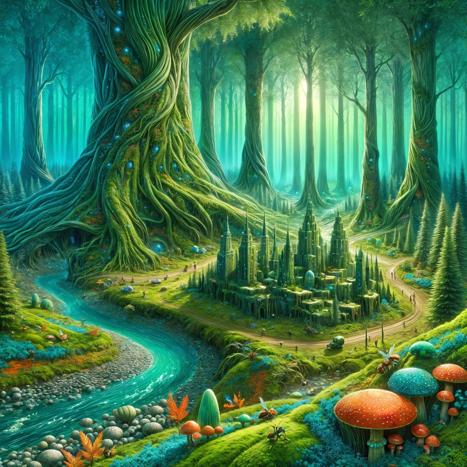 Enchanted forest with a whimsical castle and river