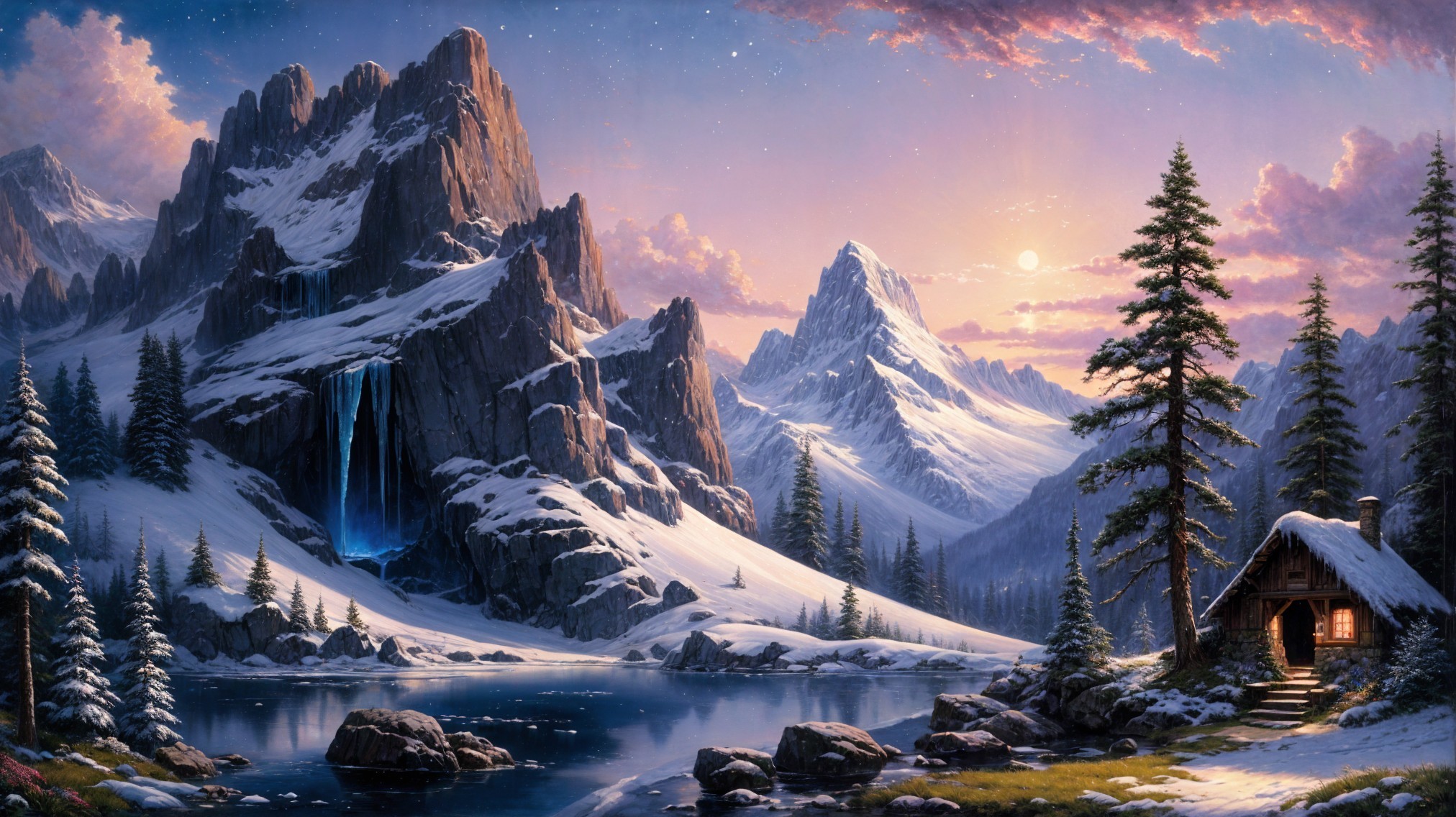 Serene Winter Landscape with Snow-Capped Mountains