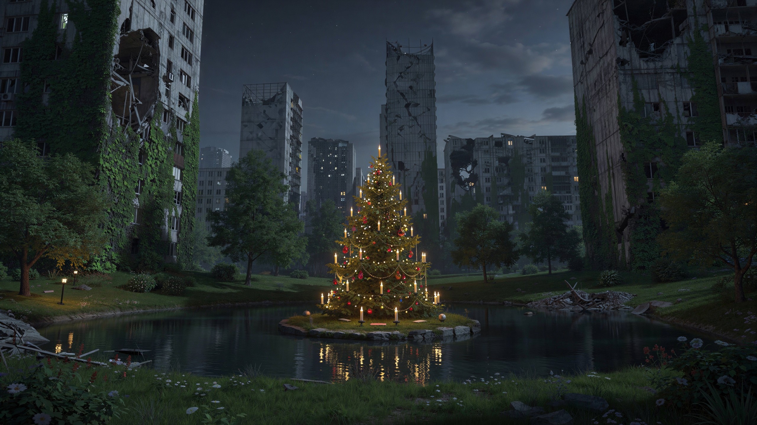 Christmas Tree on Island Amidst Ruined Buildings