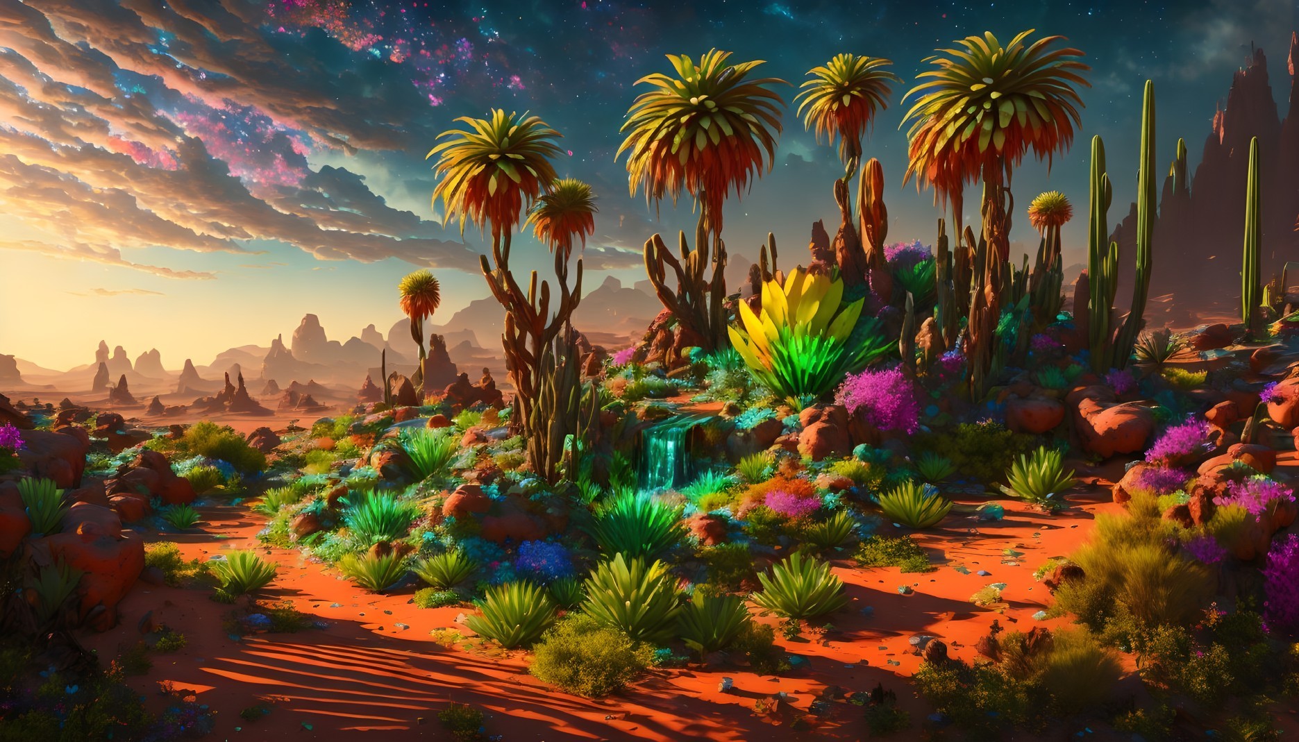 Vibrant Desert Landscape with Waterfall and Flora
