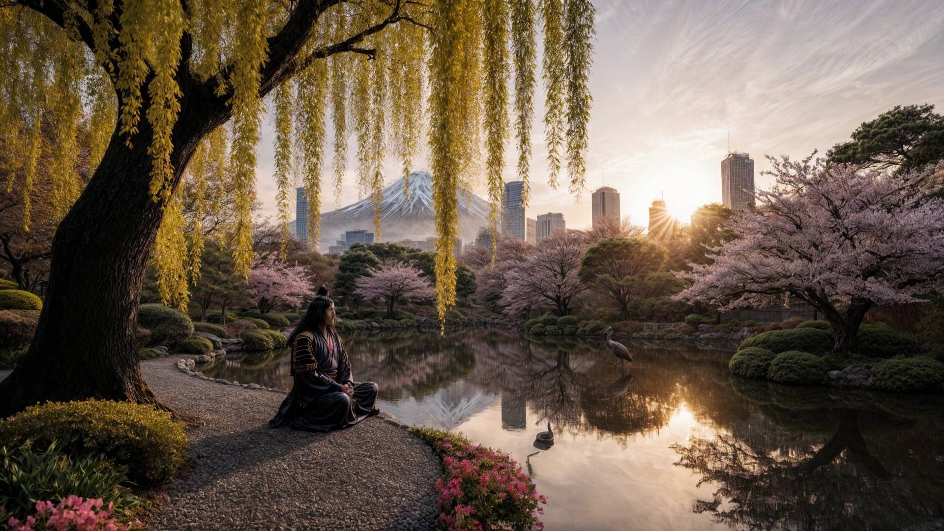 Tranquil Garden with Pond and Cherry Blossom Trees