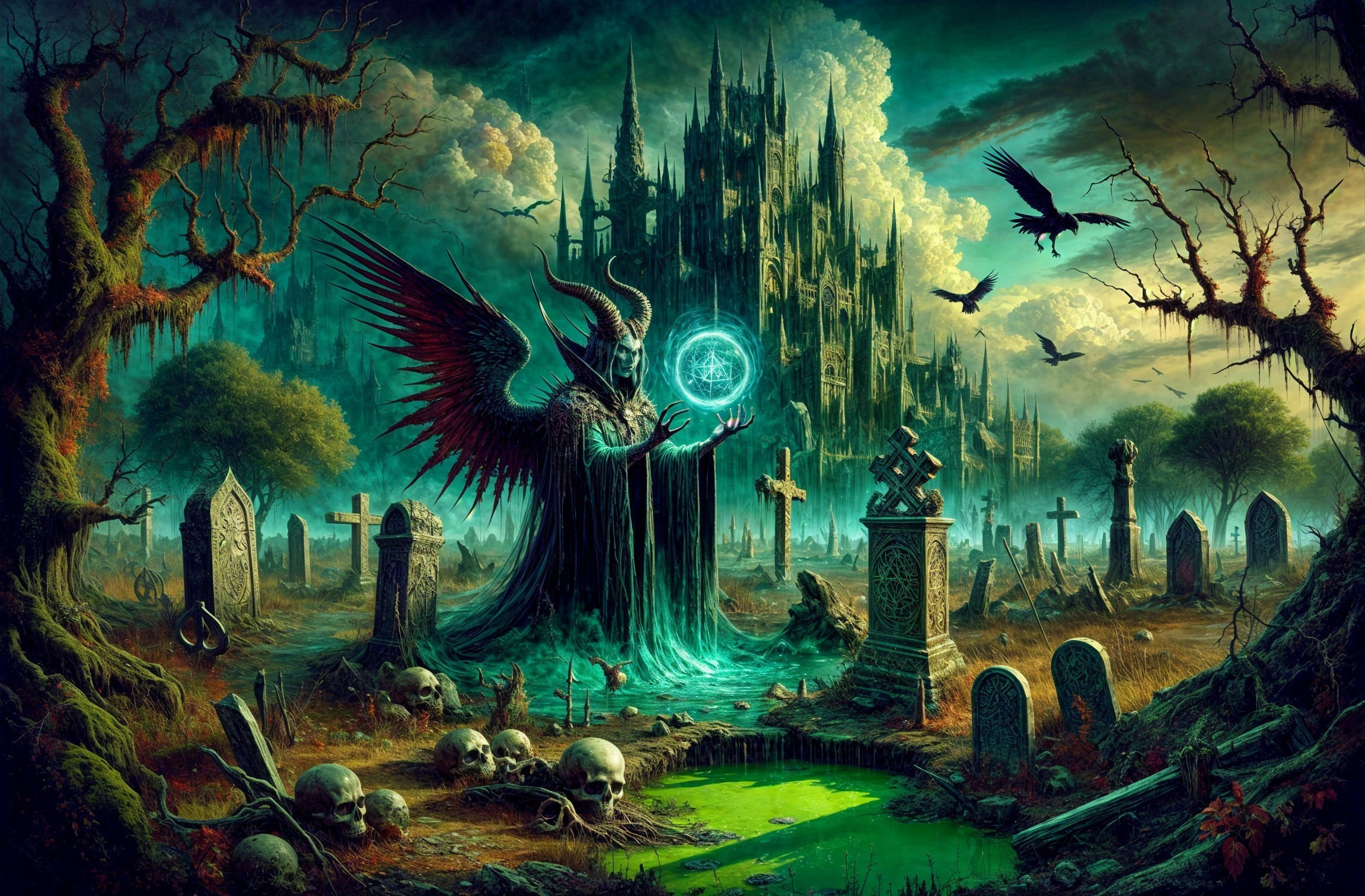 Gothic Castle and Skeletal Figure in Mystical Landscape