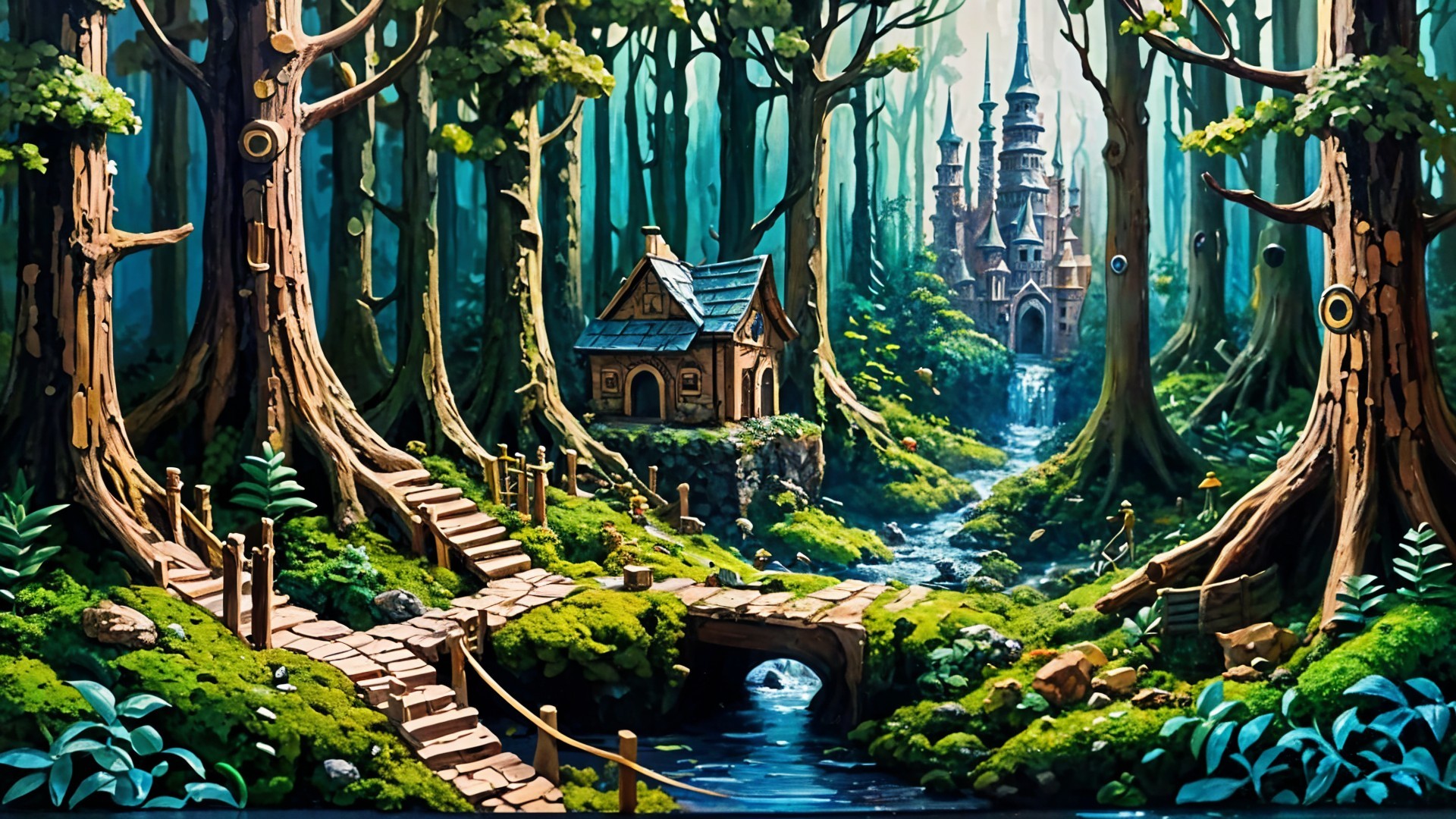Enchanted Forest with Cottage and Majestic Castle