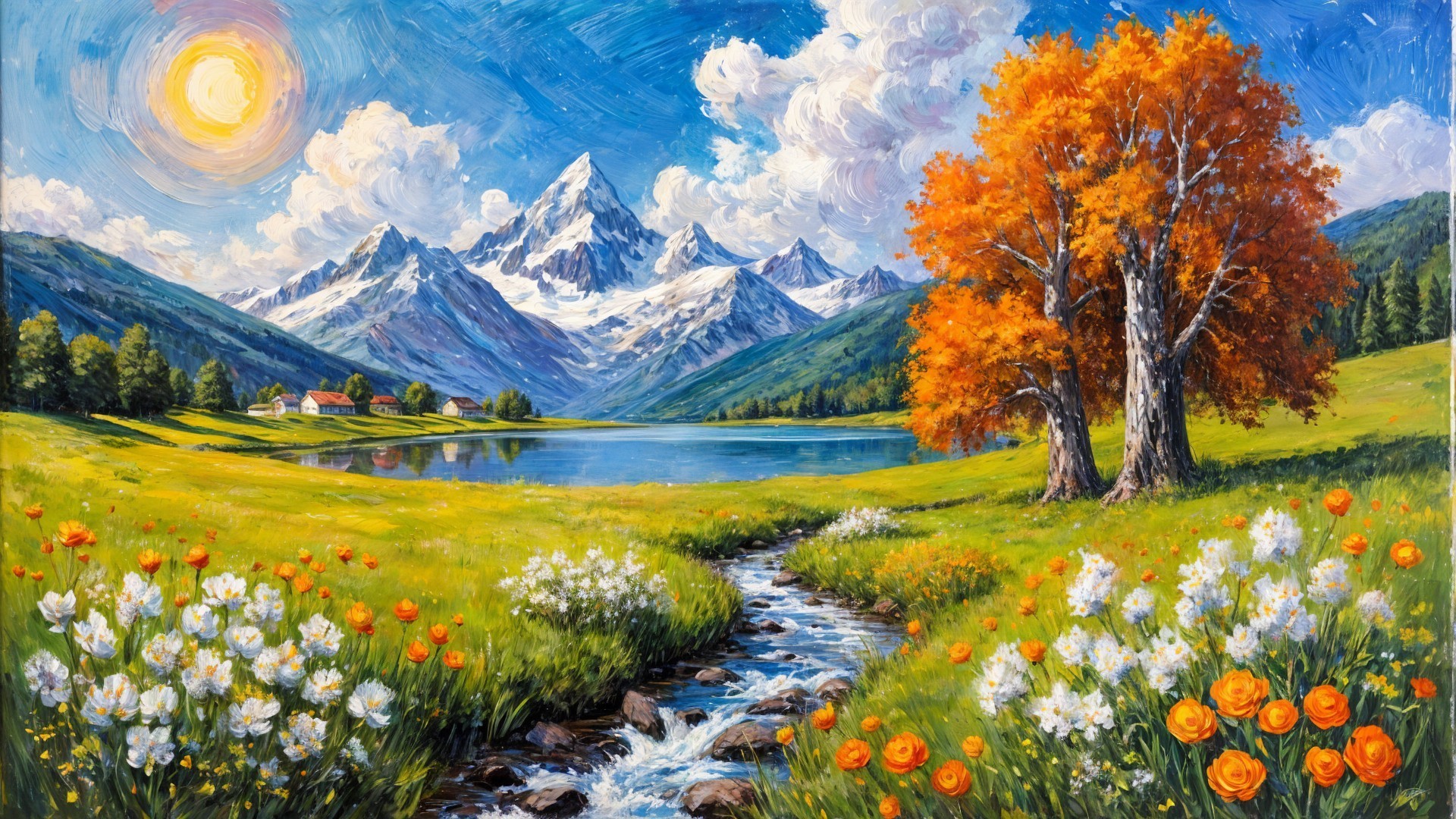 Vibrant Landscape with Lake and Snow-Capped Mountains