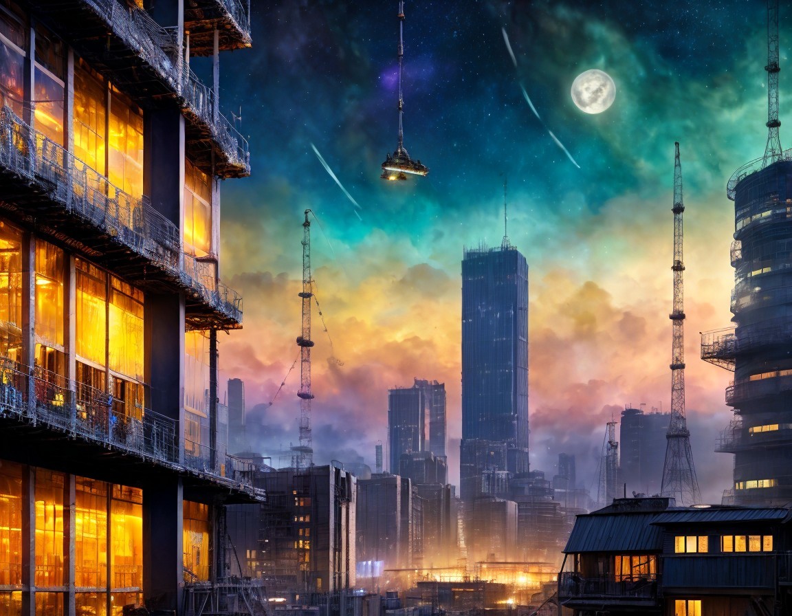 Futuristic cityscape at dusk with illuminated buildings and flying vehicle