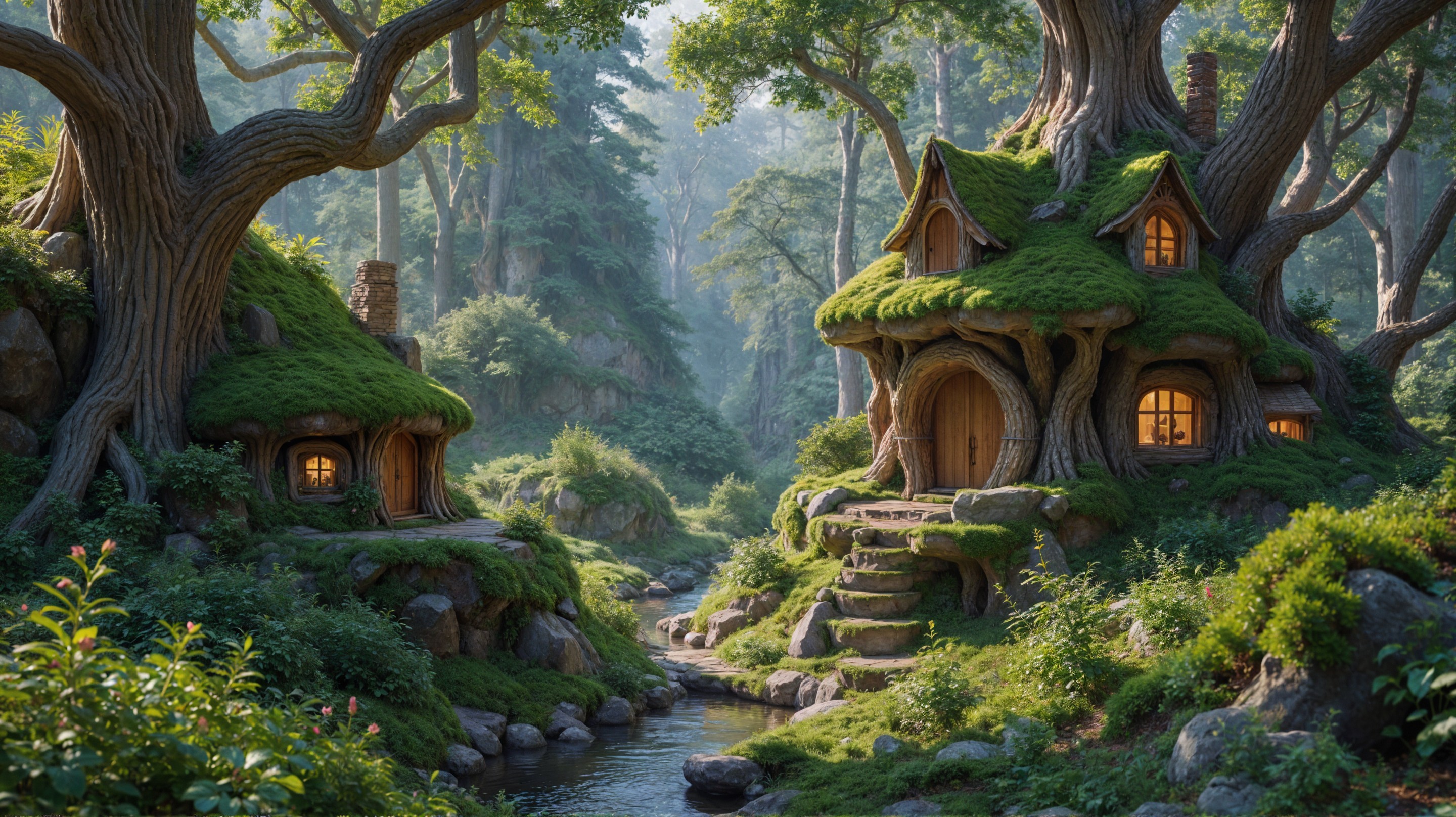 Whimsical Cottages in a Lush Forest Setting