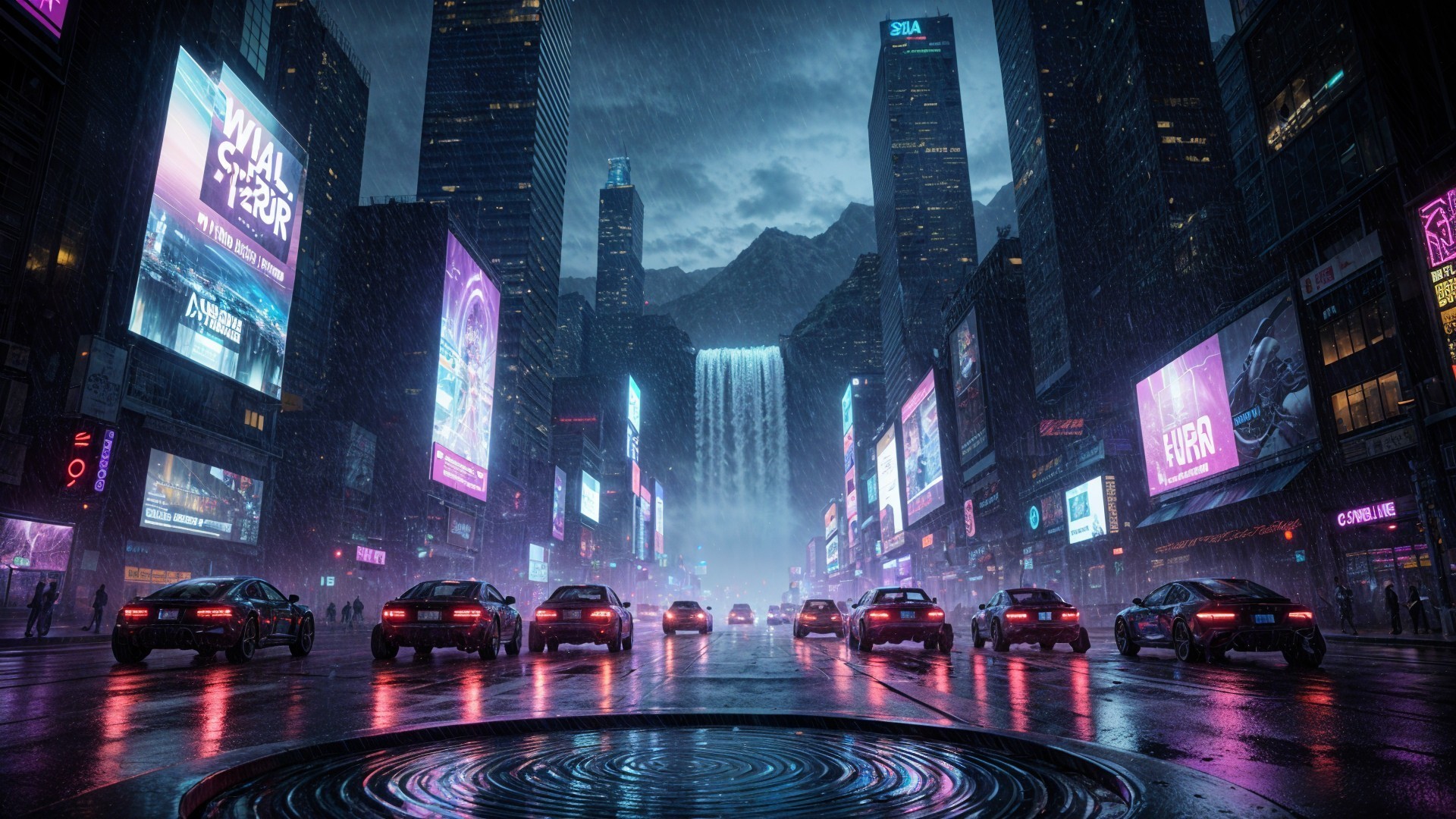 Futuristic cityscape at night with neon lights and rain