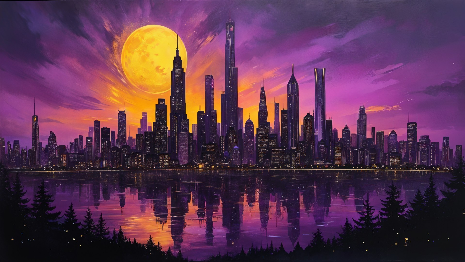 Dusk Skyline with Skyscrapers and Reflective Water