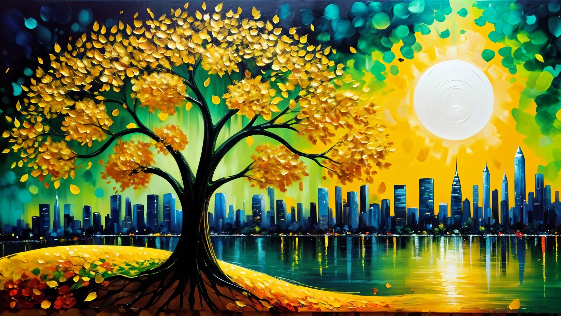 Vibrant Landscape with Golden Tree and Sunrise Reflection