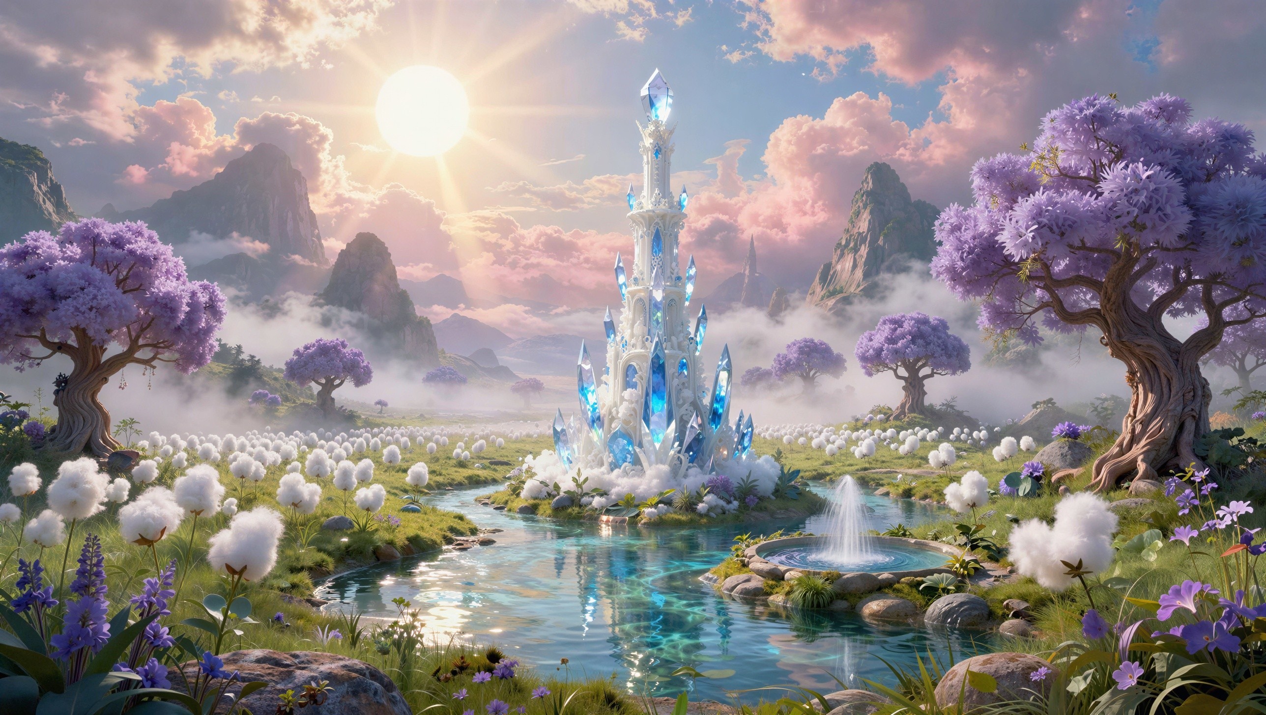 Crystal Castle Surrounded by Flowers and Mountains