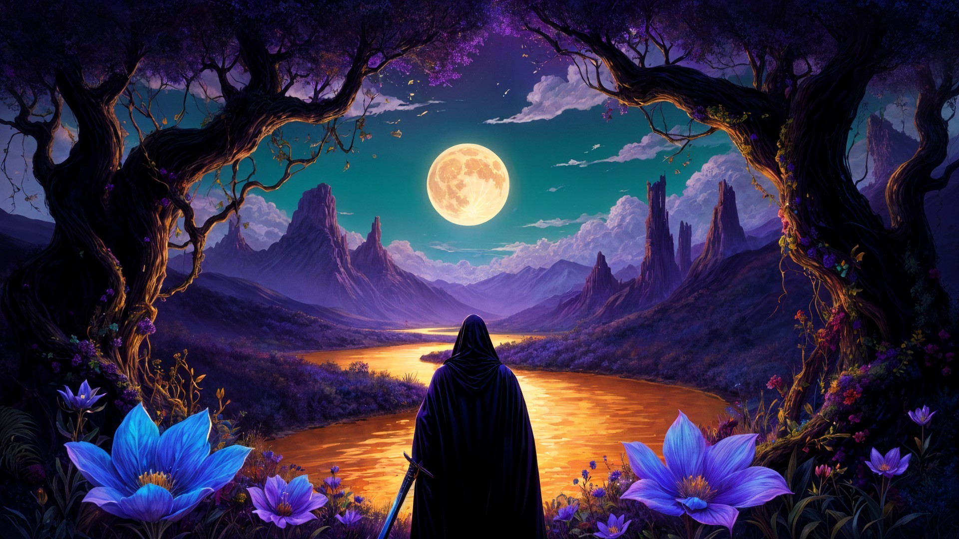 Mysterious figure by a shimmering river at night