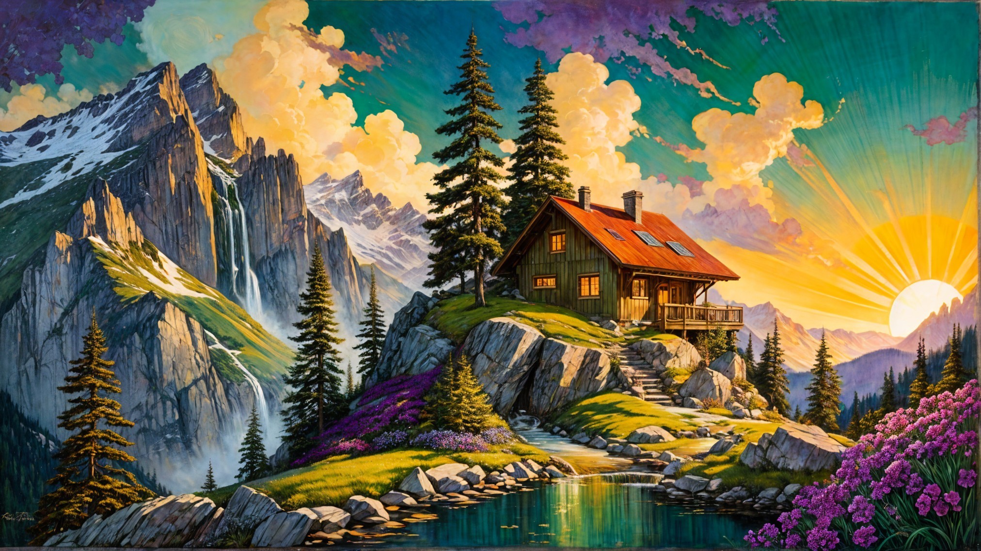 Wooden cabin on rocky outcrop with scenic mountain views