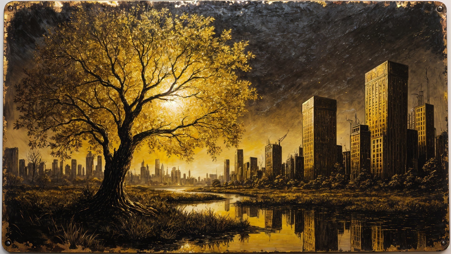 Golden Tree Amidst Urban Skyscrapers and River Reflection
