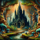 Ominous landscape with castle, flames, and skeletal remains