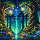 Serene Fantasy Landscape with Moonlit Waterfall