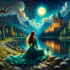 Serene landscape with woman by moonlit castle