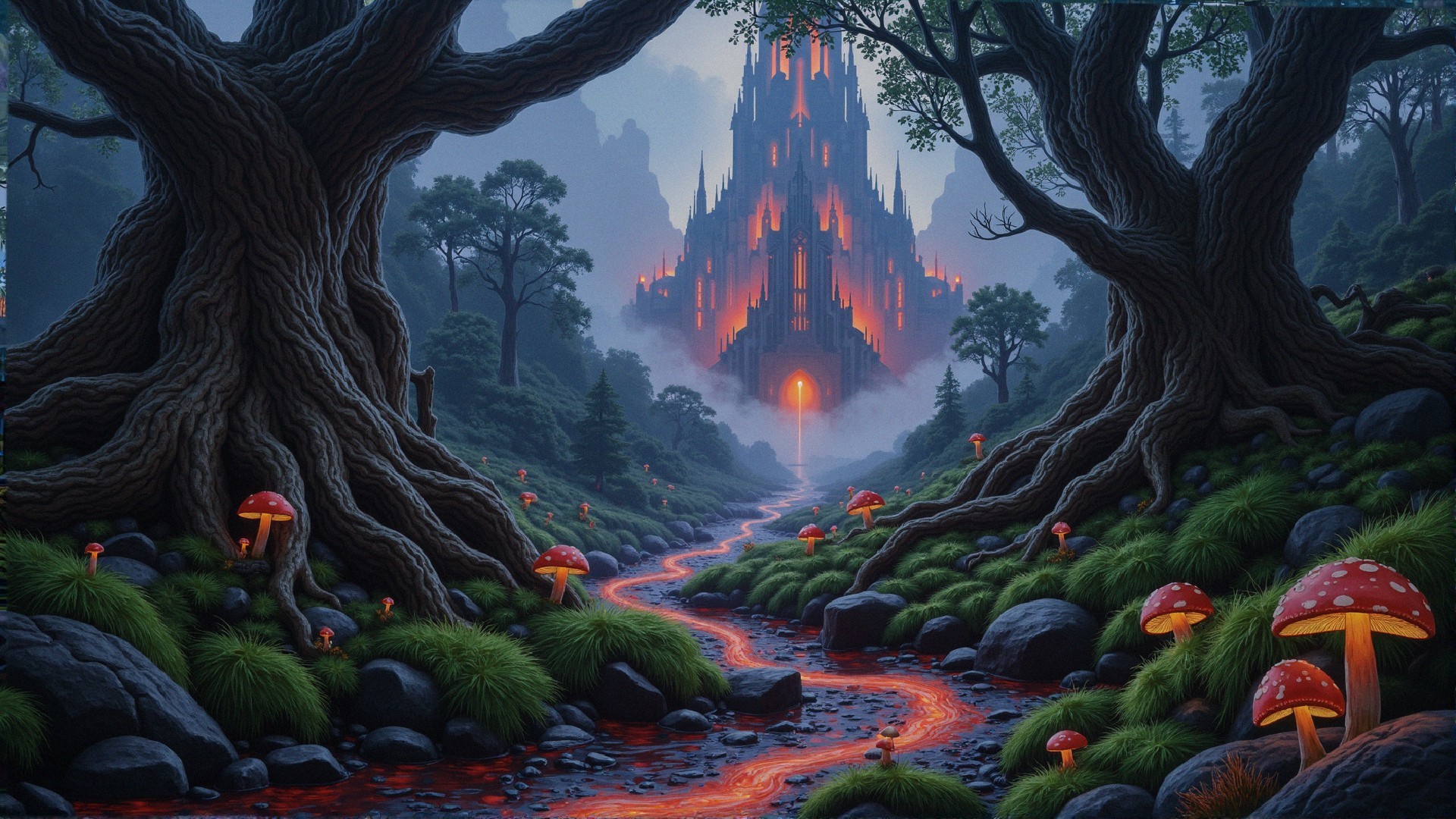 Mystical Landscape with Trees, River, and Castle