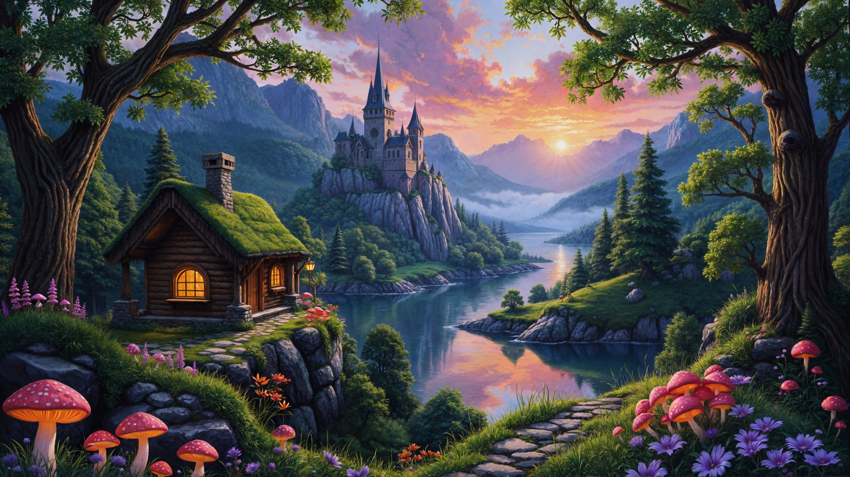 Cozy Cottage by Serene Lake at Sunset with Mountains
