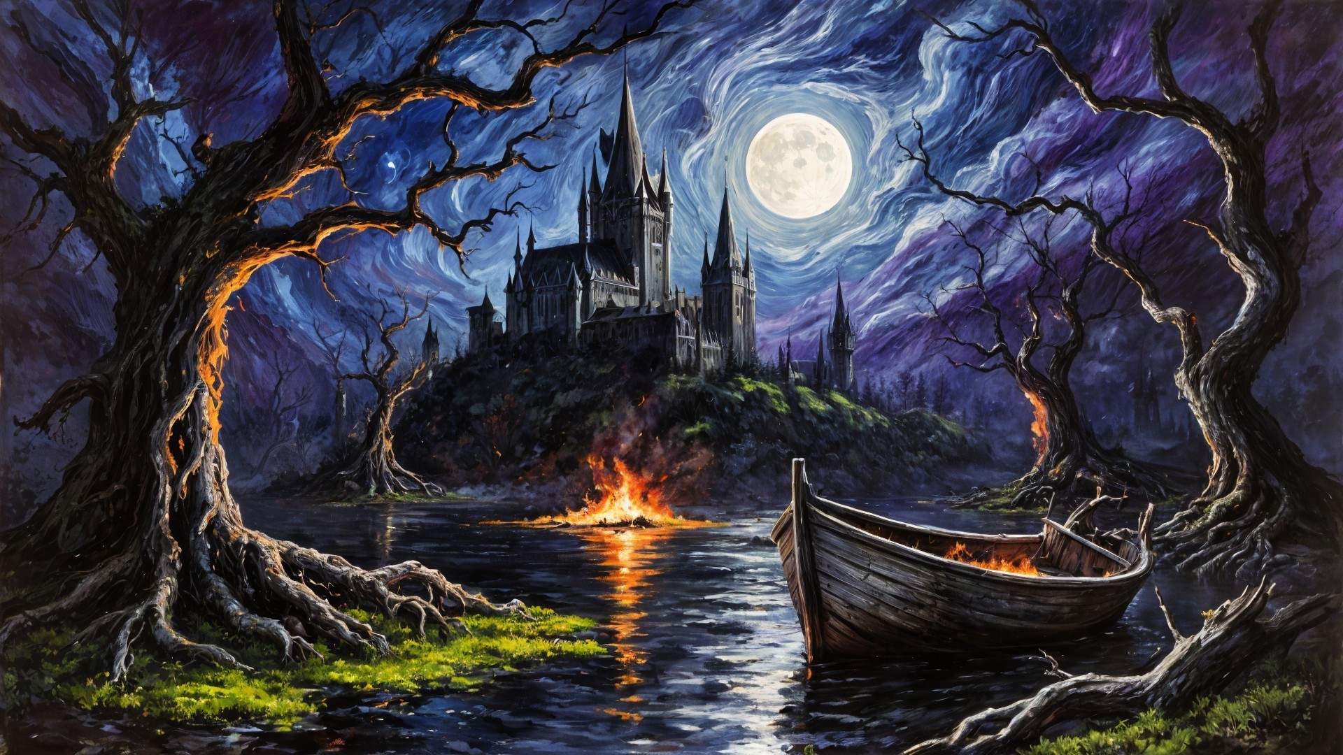 Gothic Castle Landscape Under Full Moonlight