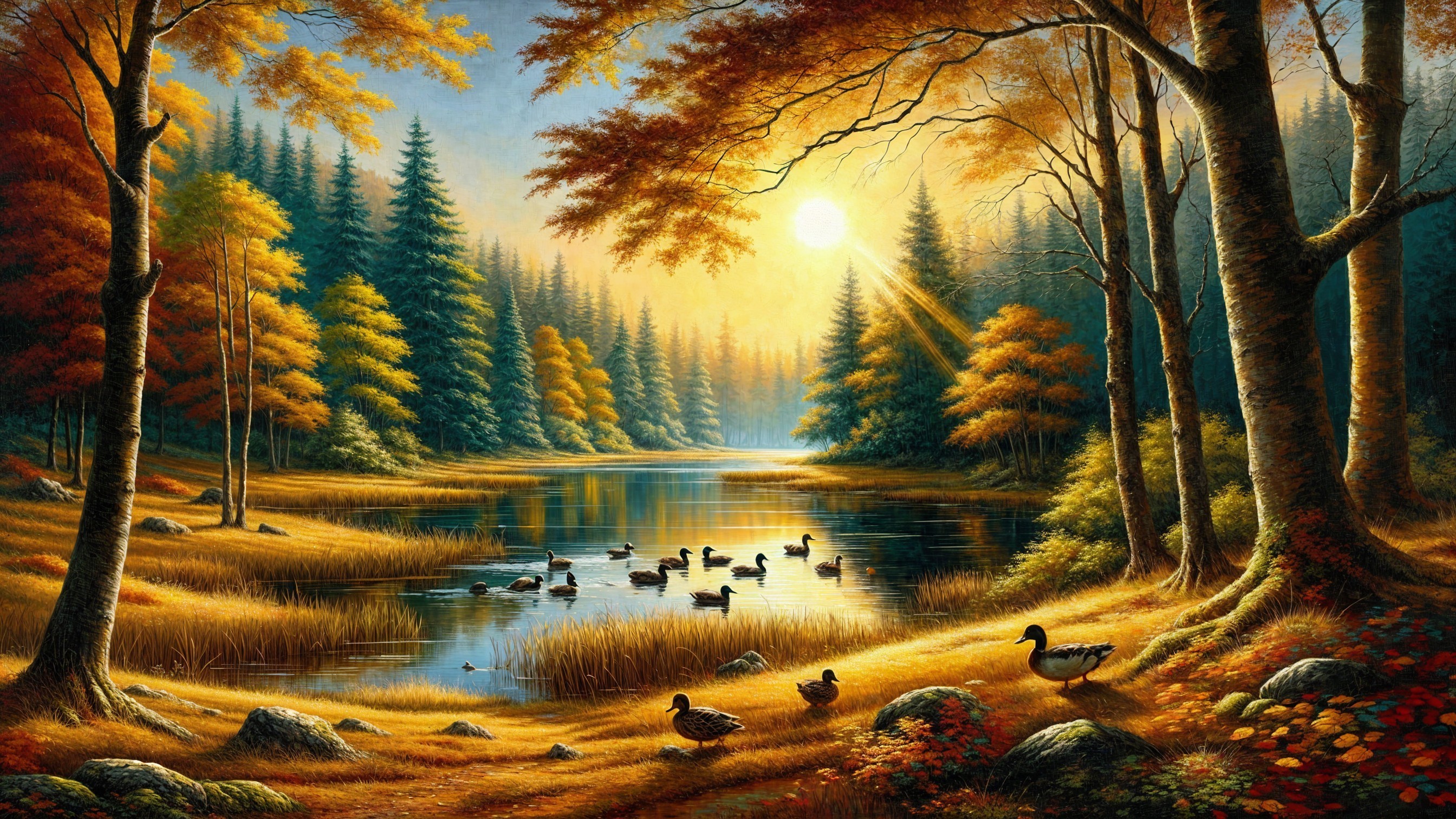 Autumn Landscape with Calm Lake and Evergreen Trees