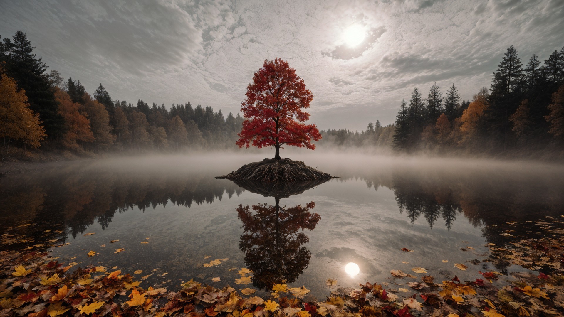Solitary Red Tree on Misty Lake Island in Autumn