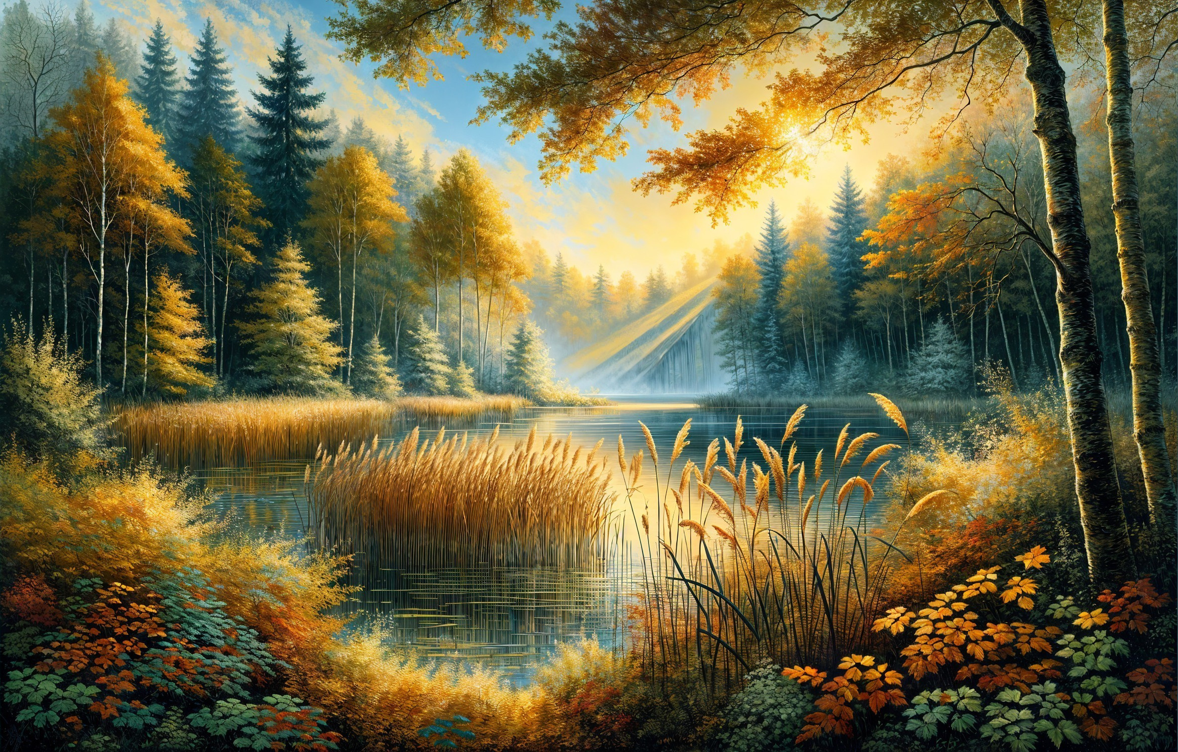 Tranquil Lake Surrounded by Autumn Foliage
