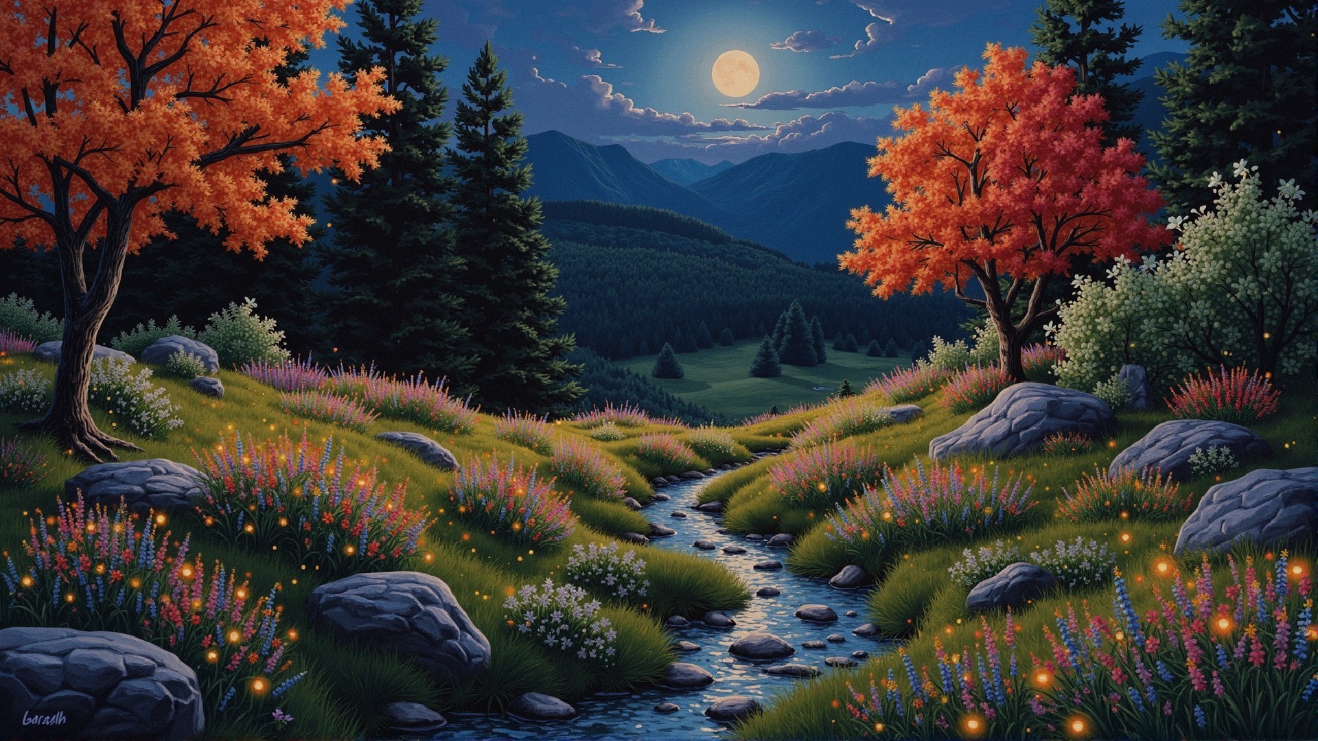 Moonlit Landscape with Stream and Colorful Flora