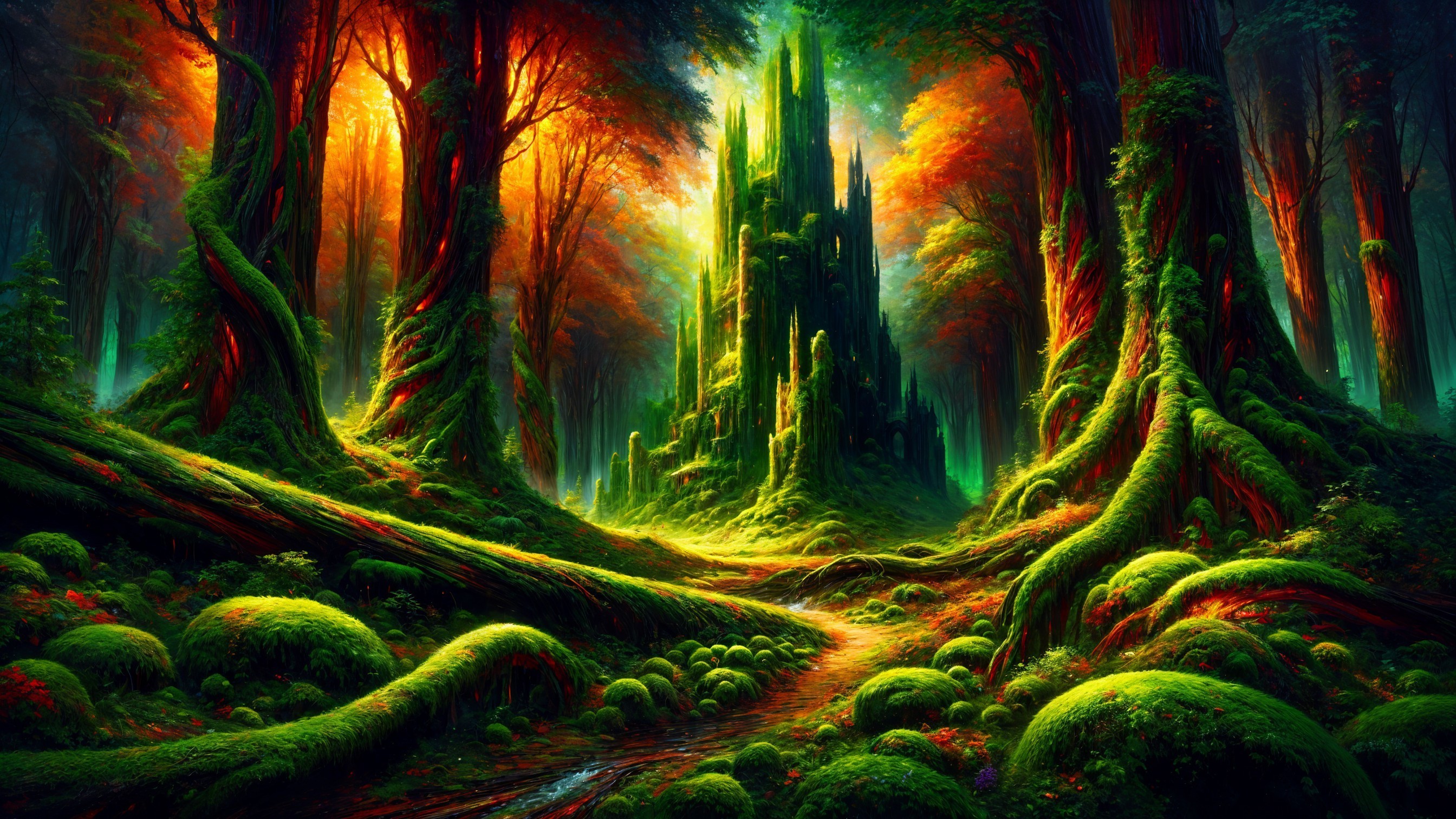 Enchanted Forest Scene with Towering Trees and Mystical Structure