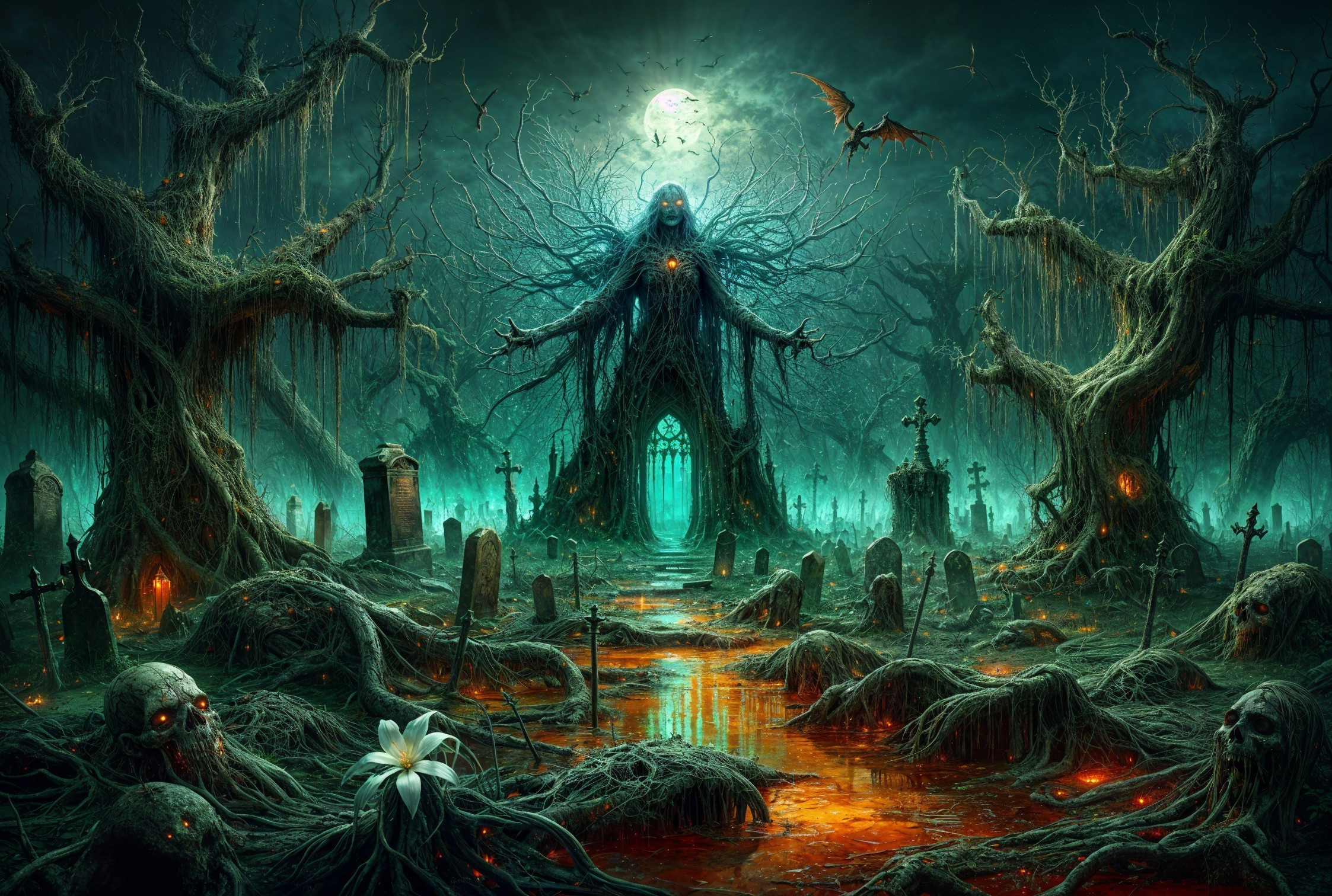 Eerie Graveyard with Mist and Glowing Eyes