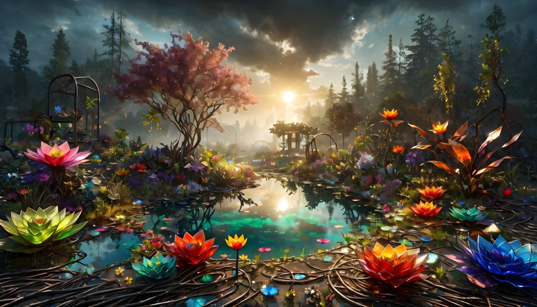 Serene Landscape with Colorful Flowers and Pond