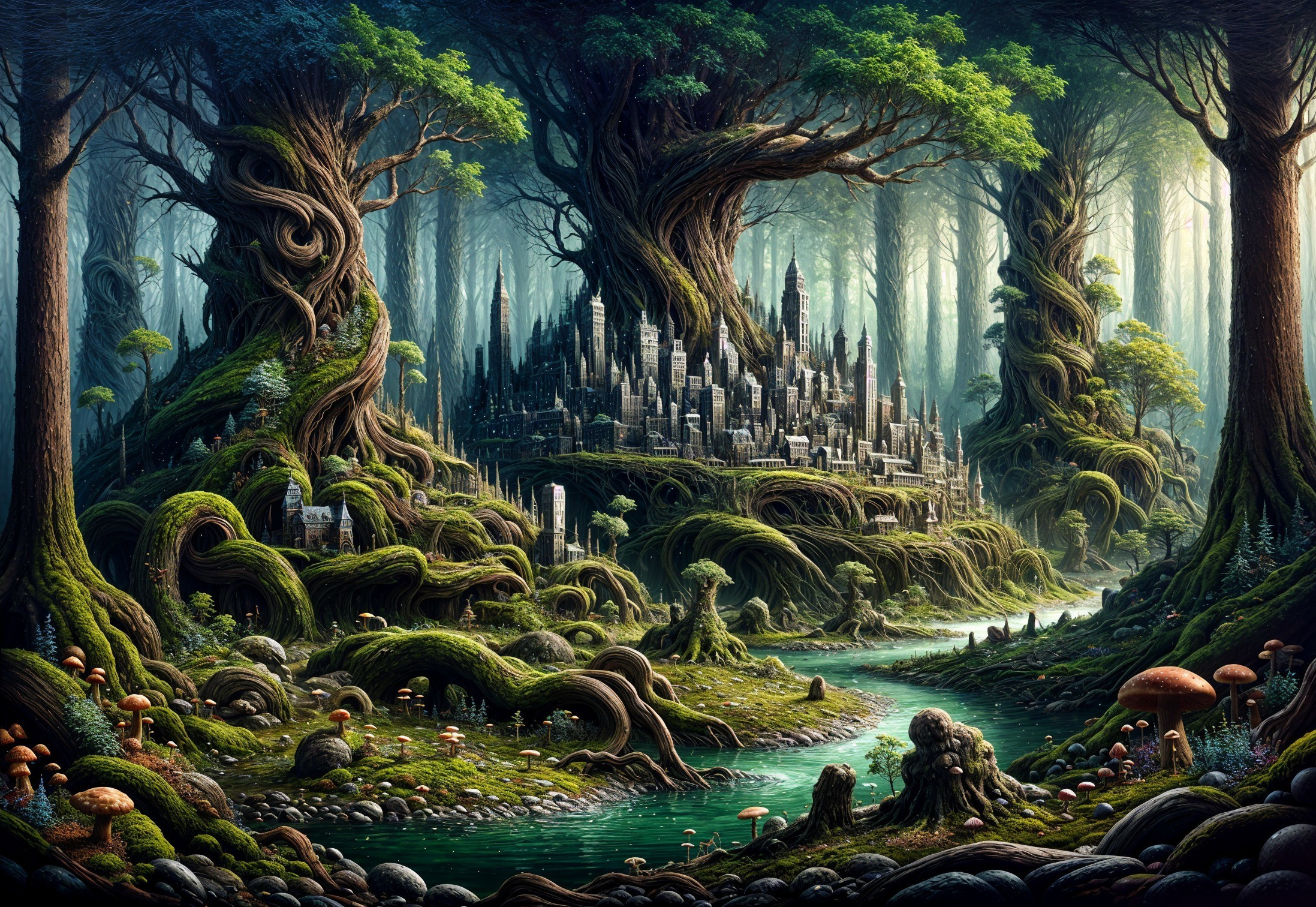 Mystical forest with ancient trees and hidden city