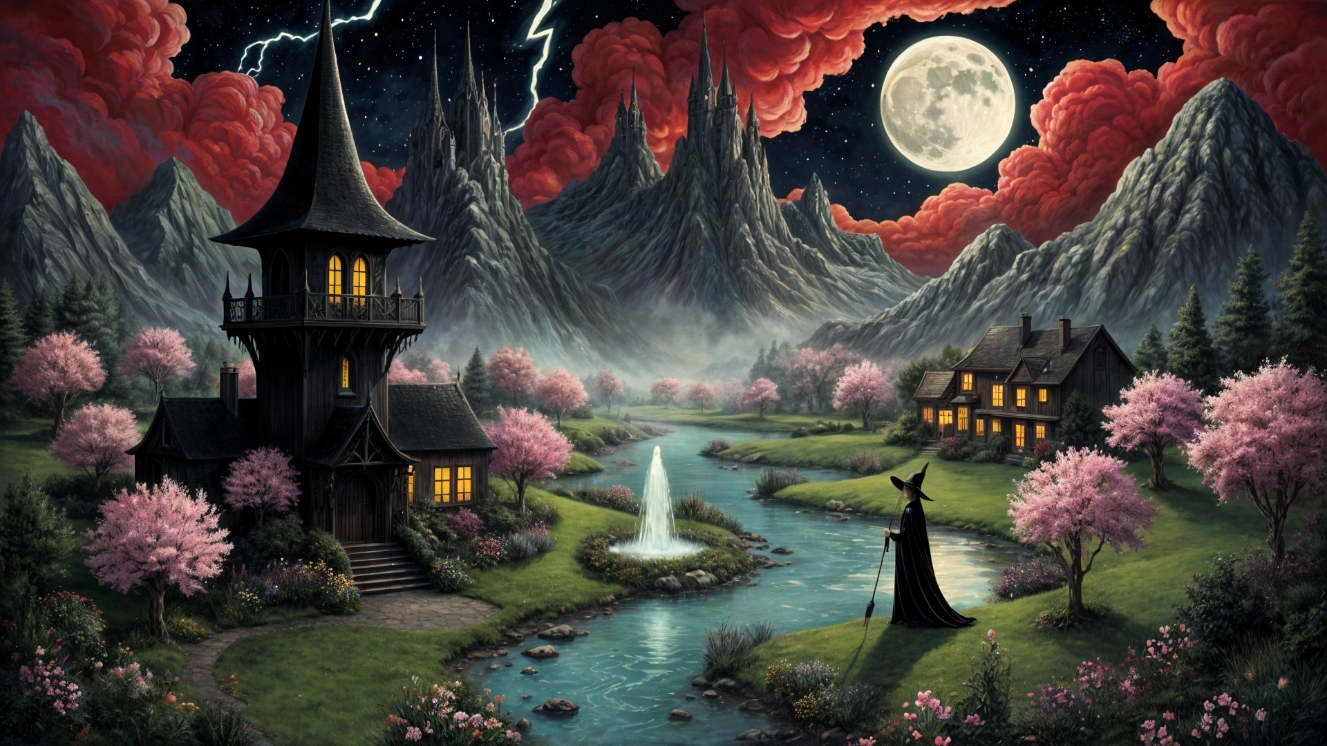 Fantastical landscape with a castle and cottages