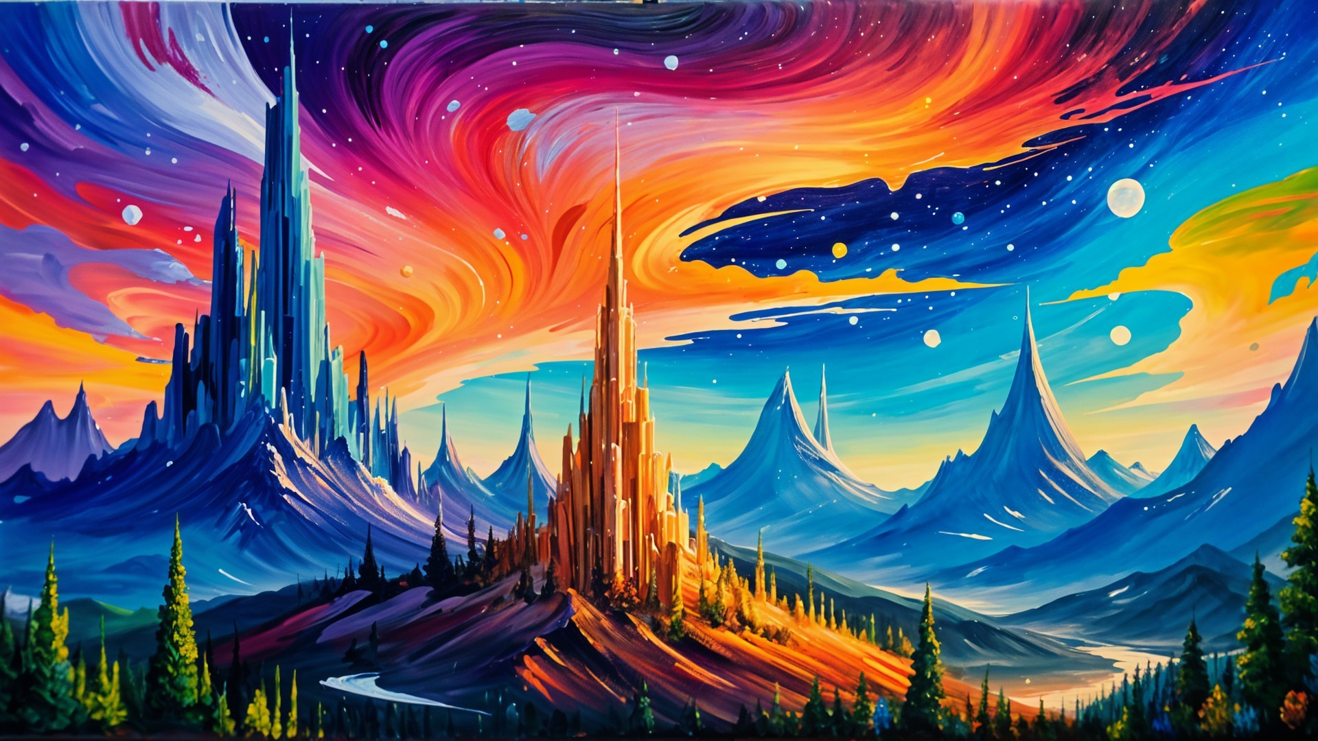 Vibrant Landscape with Crystal Spires and Majestic Mountains