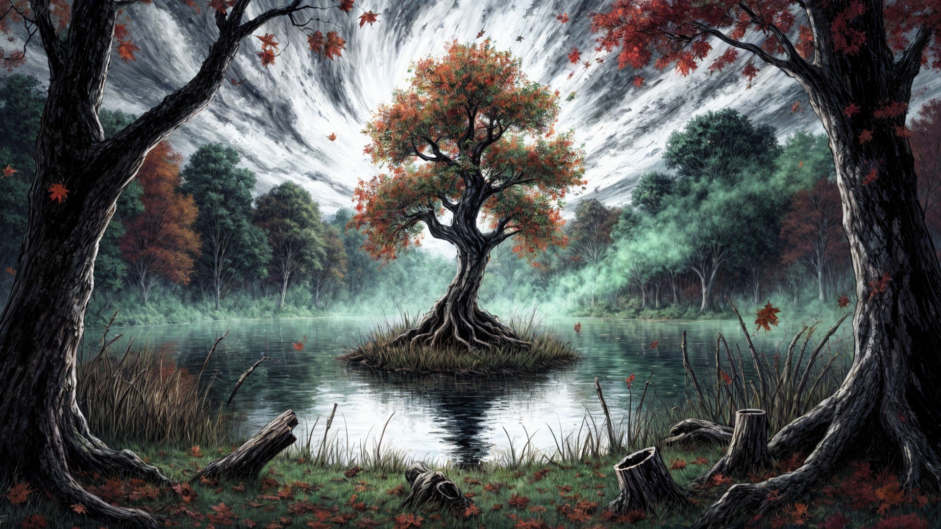 Solitary Tree on Island with Vibrant Autumn Leaves