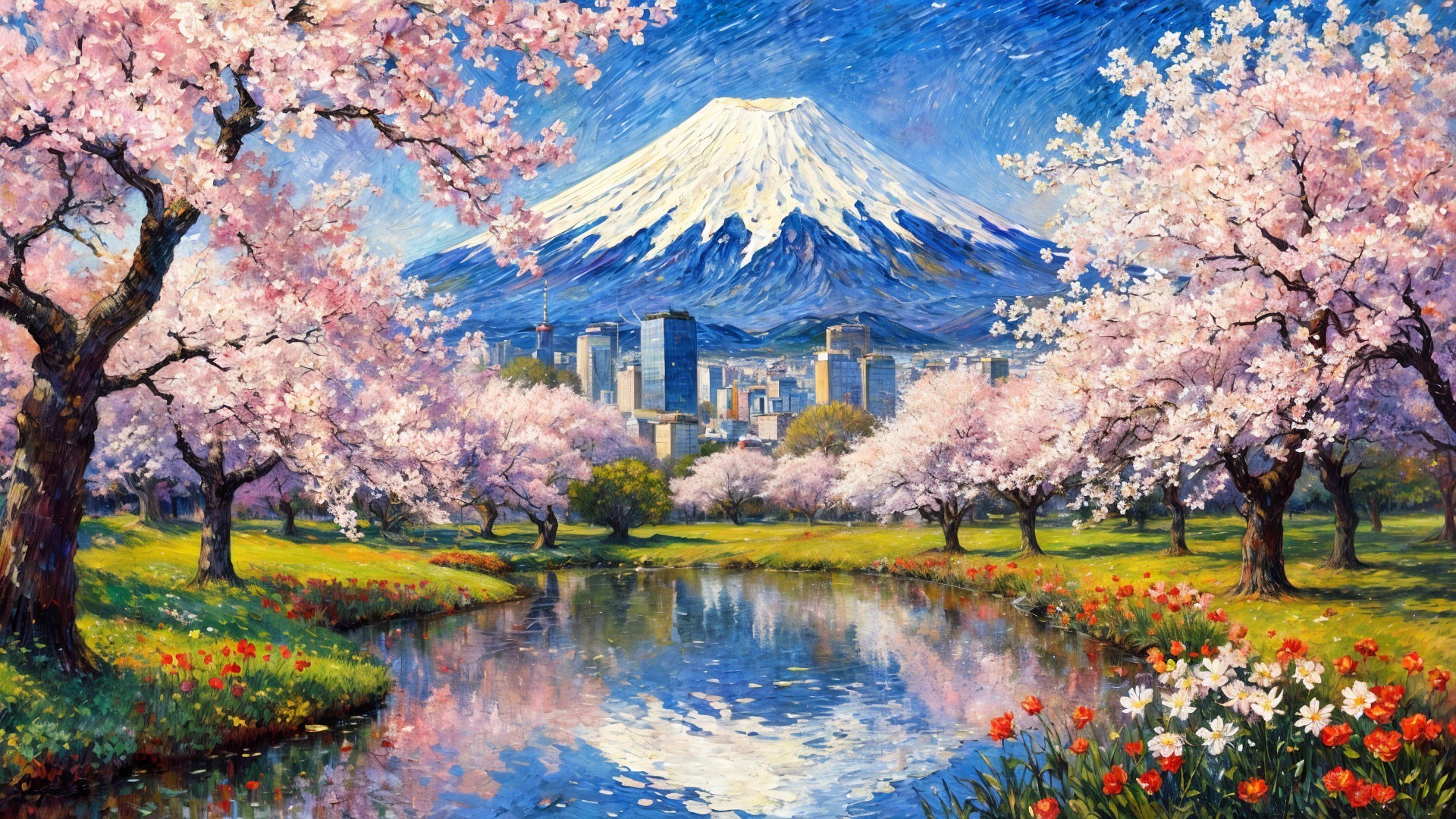 Mount Fuji Landscape with Cherry Blossoms and Tulips