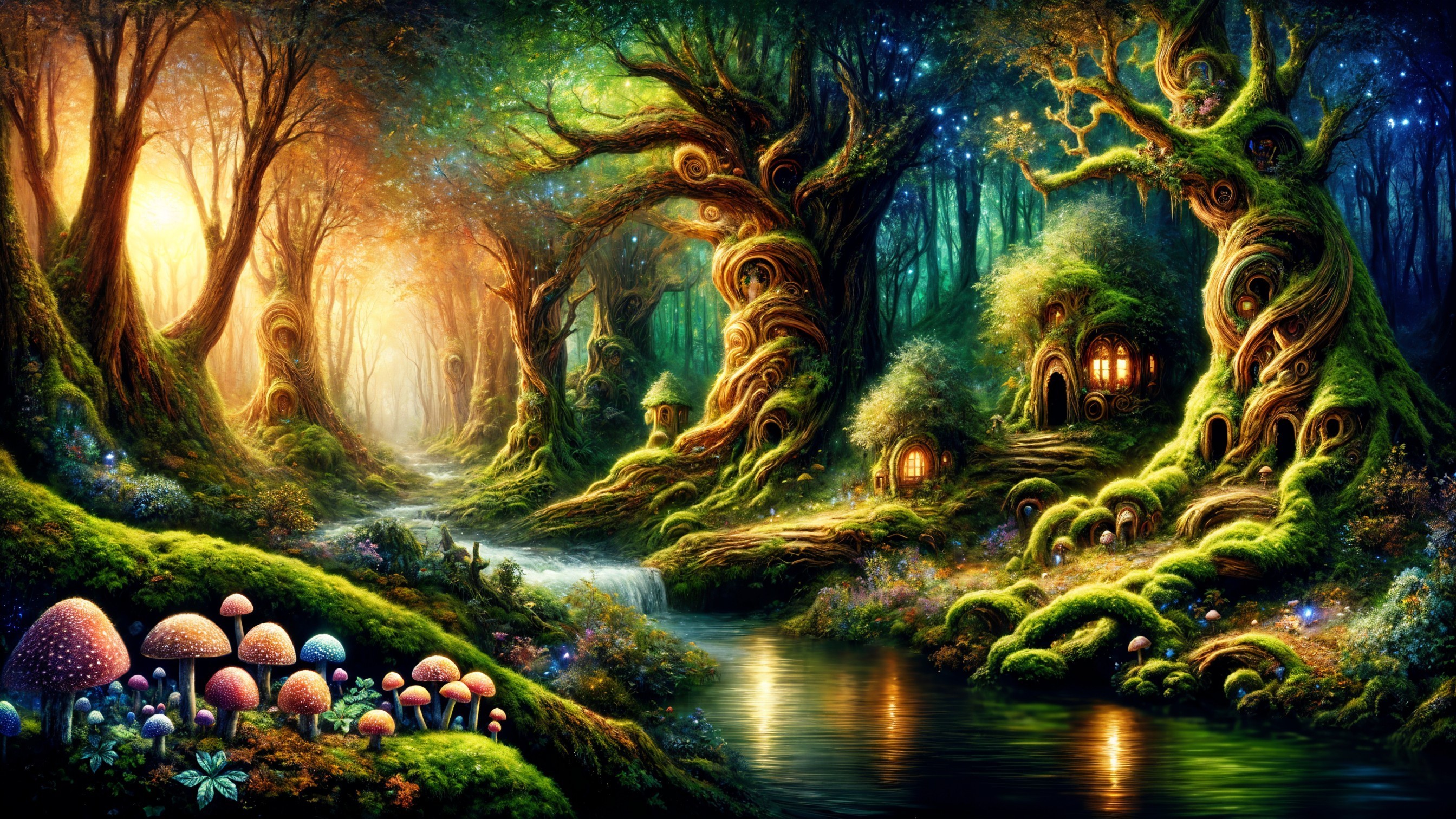 Vibrant Magical Forest with Enchanted Trees and Stream