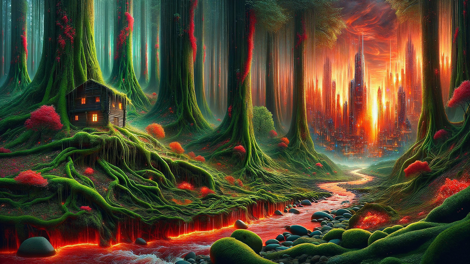 Mystical Forest with Vibrant Trees and Futuristic Skyline