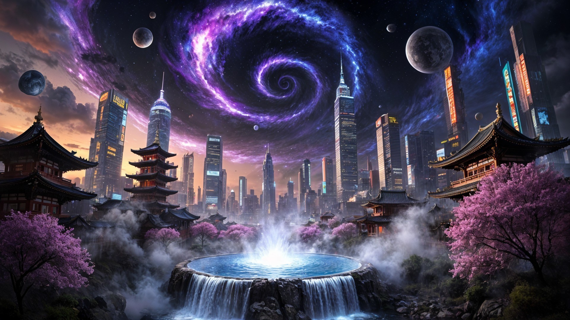 Futuristic and Traditional Architecture with Cherry Trees