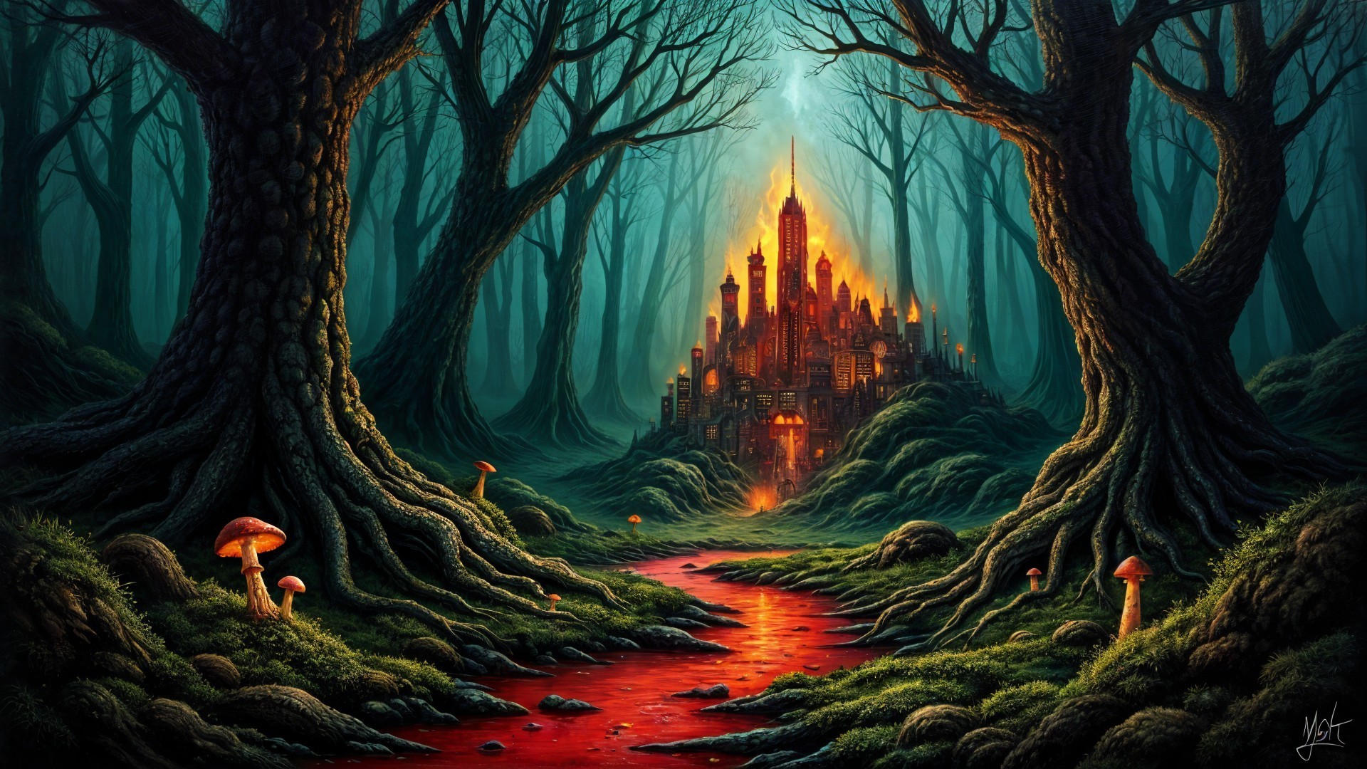 Glowing City in a Mystical Forest with Red Stream